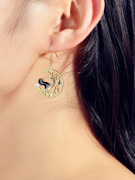 AU Stock Hollow out Lovely Black Enamel Cat Star Moon Drop Dangle Gold Earrings