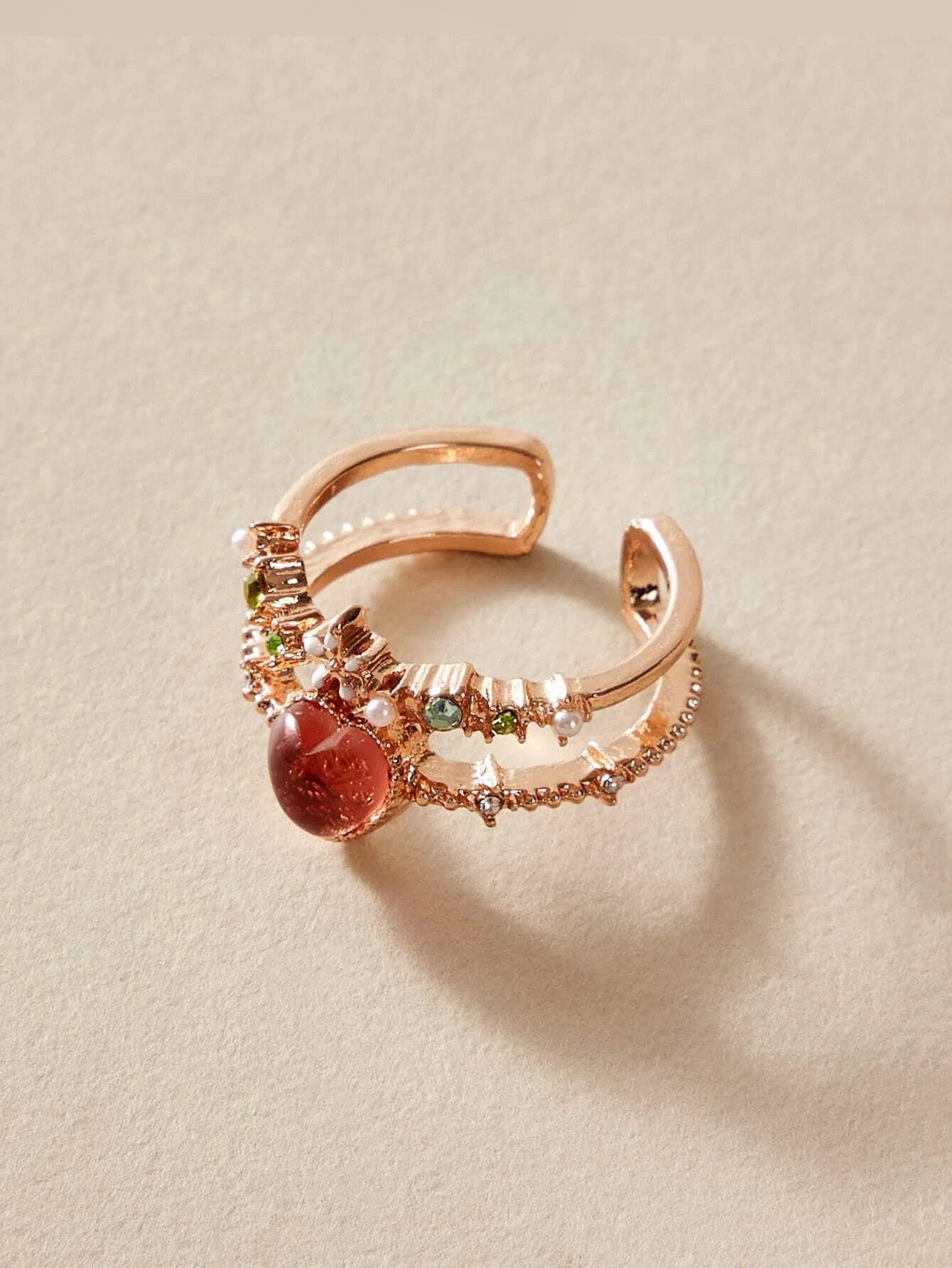 AU Post Luxury Faux Pearl Rhinestone Red Love Heart Rosegold Cuff Finger Ring