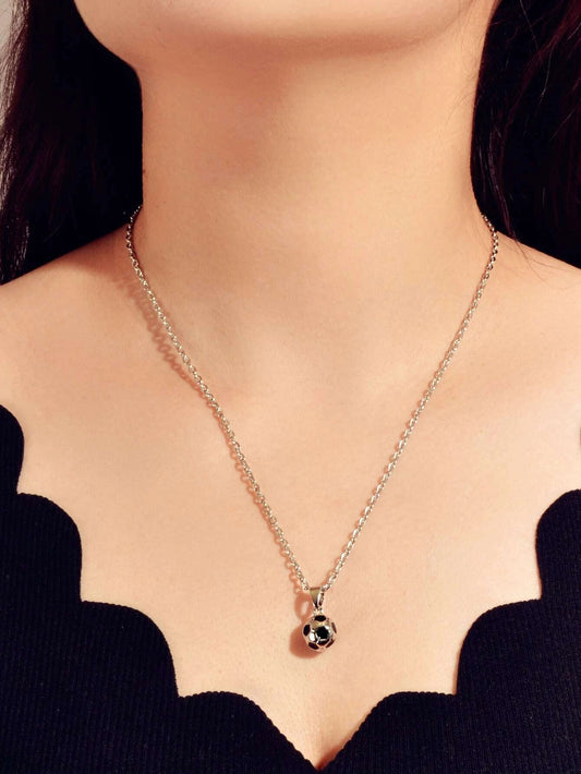 Silver Chain Black Enamel Football Pendant Necklace Soccer Ball Charm Collar