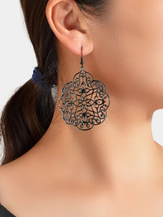 Retro Black Hollow out Geometric Pattern Big Vintage Drop Dangle Party Earrings