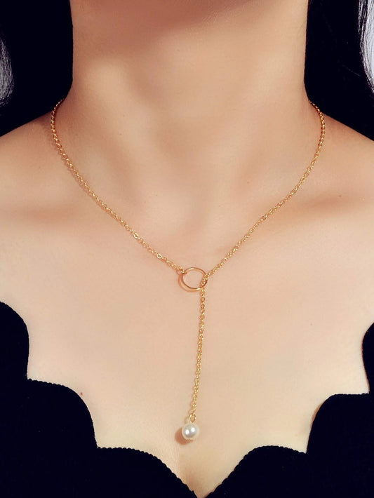 Fashion Gold Silver Chain Faux Pearl Decor Simple Lariat Necklace Women Jewelry
