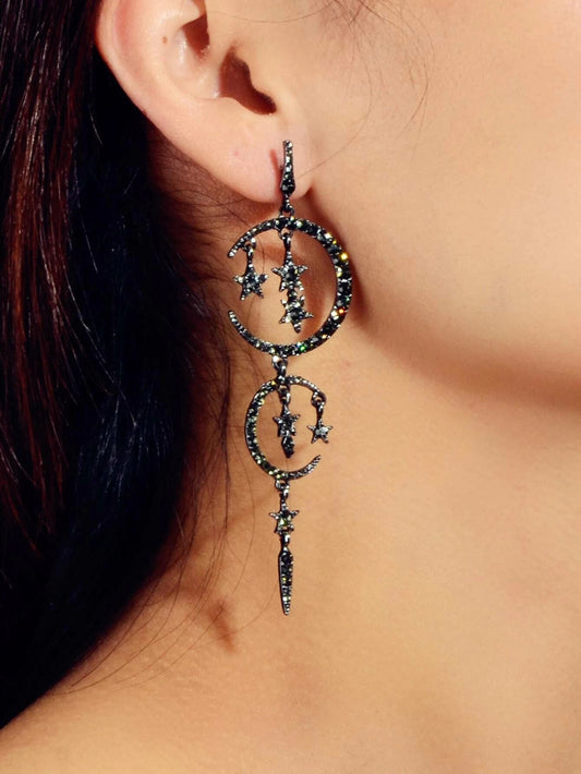 Luxurious Jewelry Full Rhinestone Star Moon Chandelier Shining Wedding Earrings