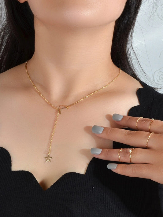 Jewellery set Star Charm Y-lariat Necklace and 5 pcs Midi Knuckle Stack Rings