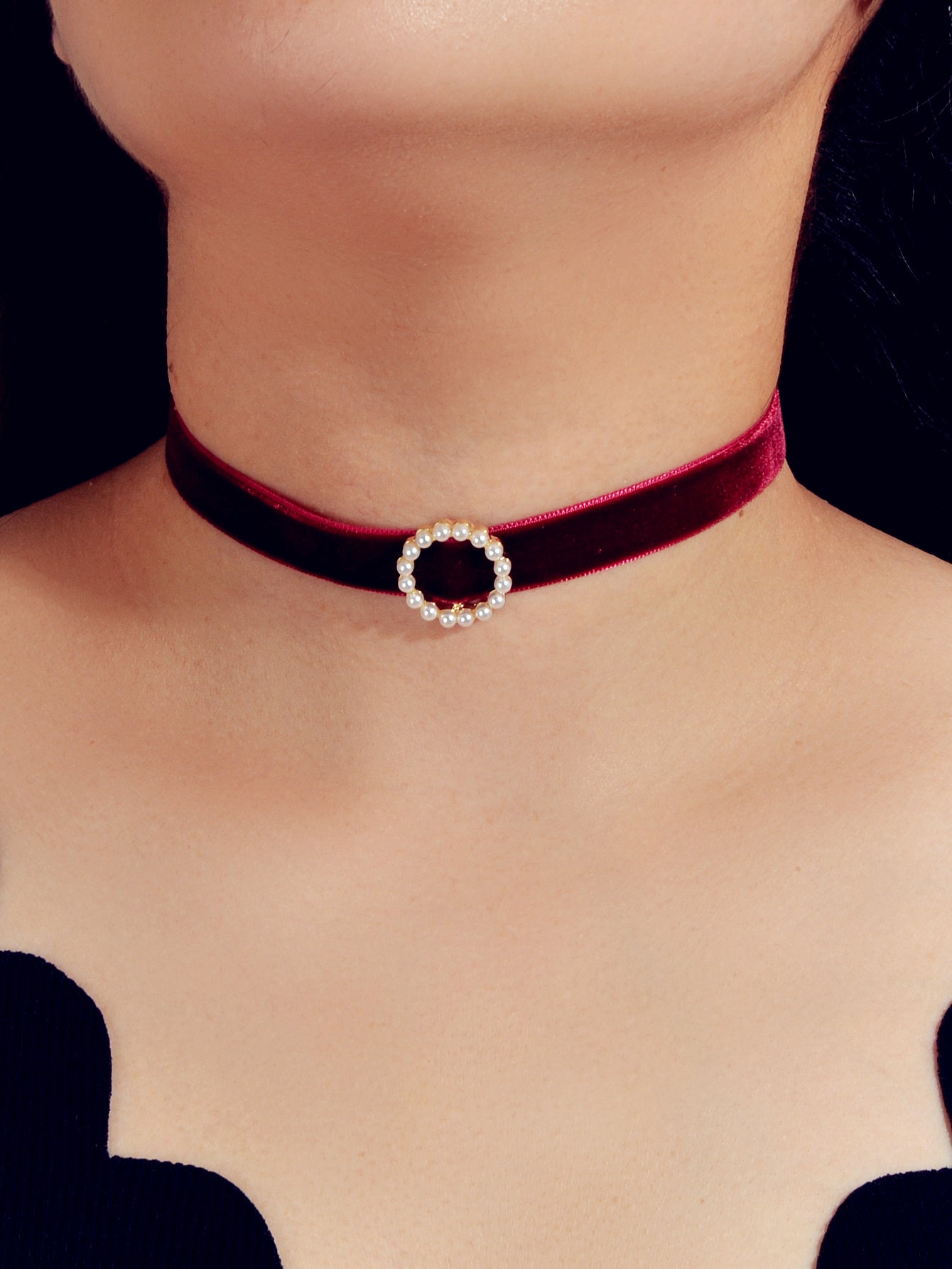 Retro Jewellery Pearl Decor Green Black Red Velvet Choker Necklace Accessories