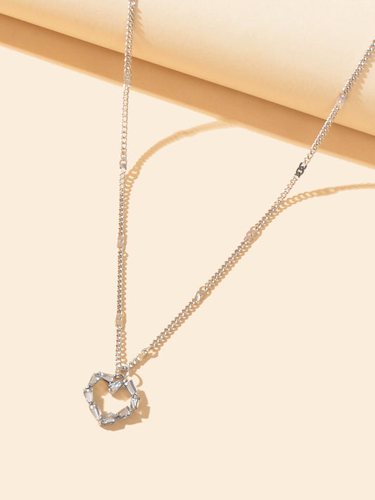 Silver Chain Rhinestone Heart Necklace Delicate Jewelry