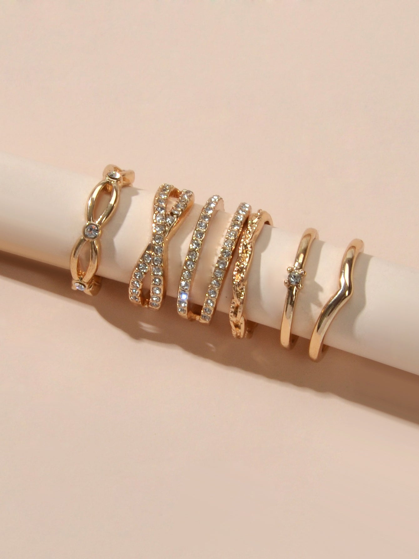6pcs Band Women Gold Metal with Rhinestone Multiple Midi Finger Knuckle Ring set