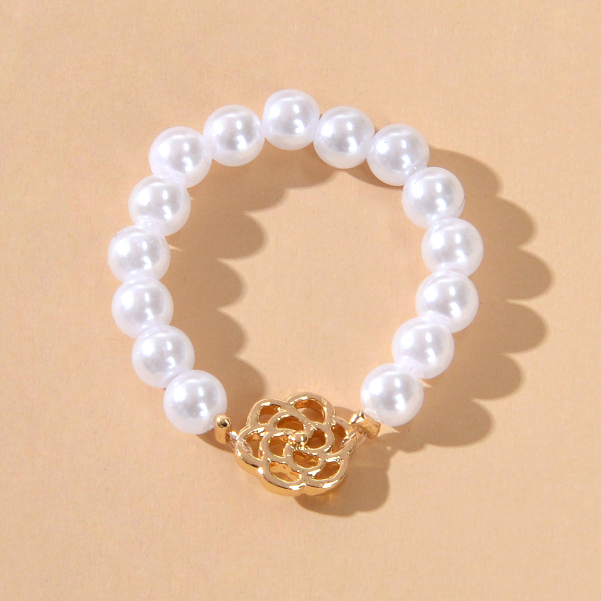 Perfect Elastic Pearl Gold Flower Finger Ring Wedding Engagement Gift Jewellery