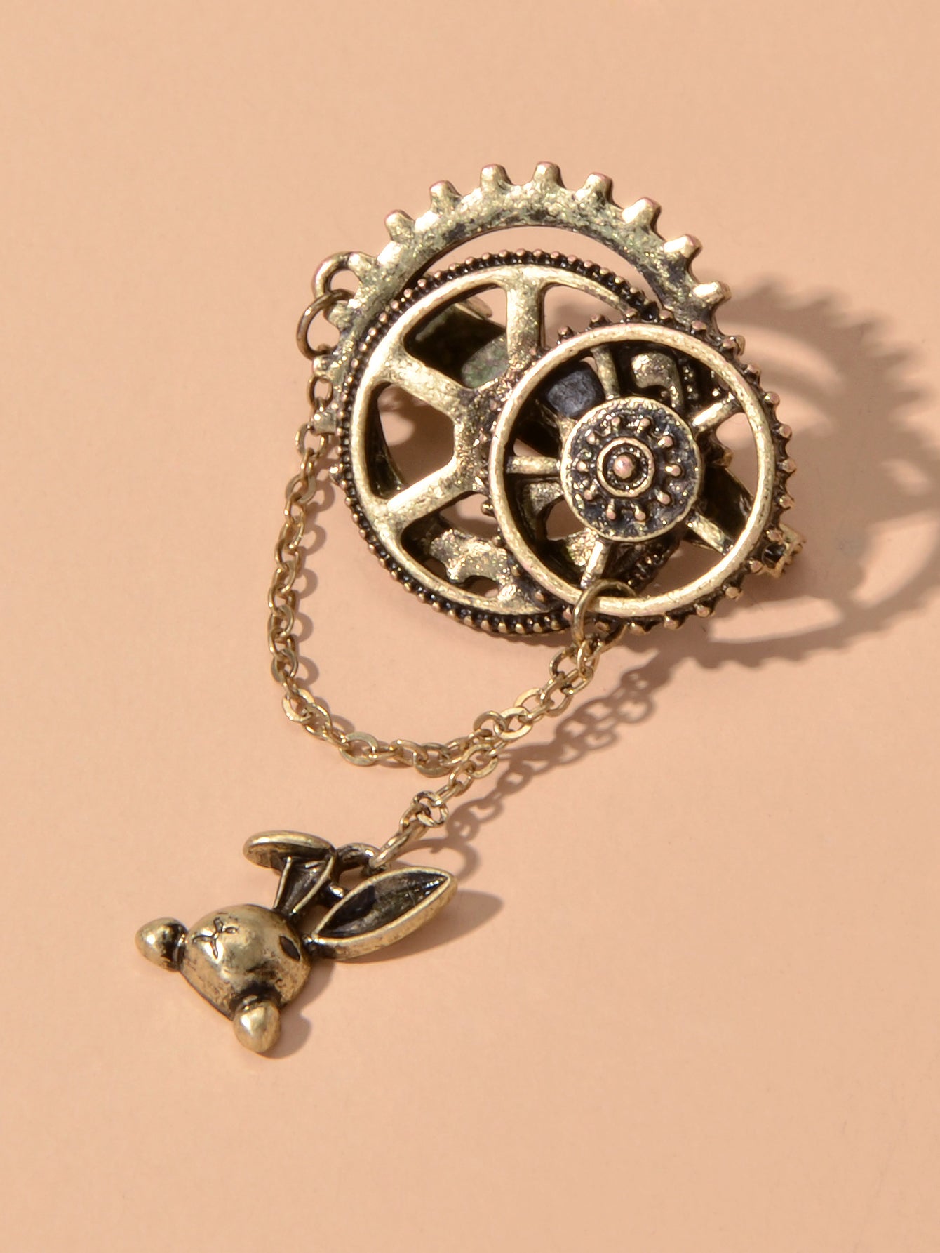 Vintage Antique Gold Gear Chain Rabbit Bunny Hare Brooch Pin Costume Accessories