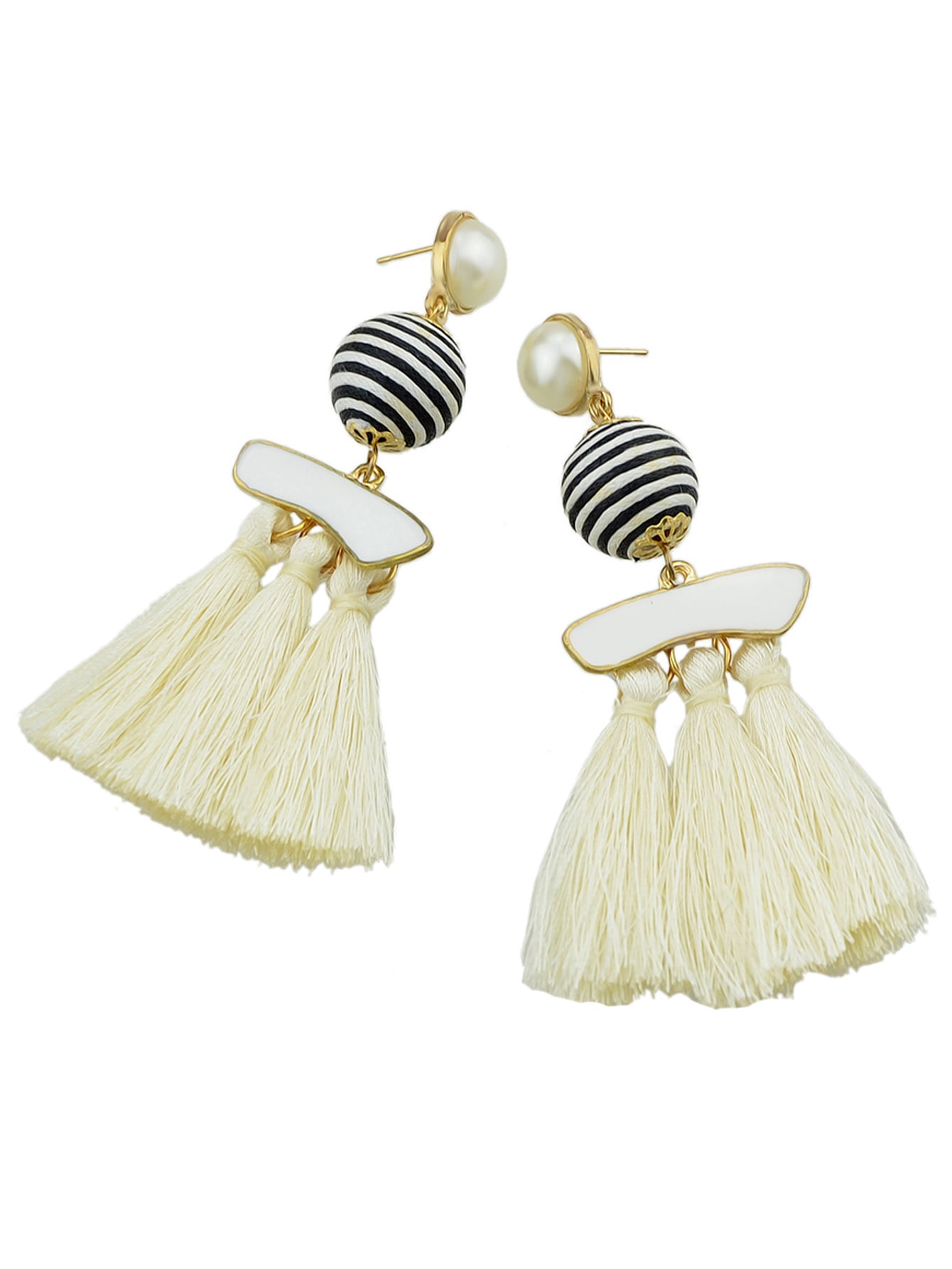 Bohemian Jewellery Ball Black Beige Tassel Dangle Traditional Ethnic Earrings