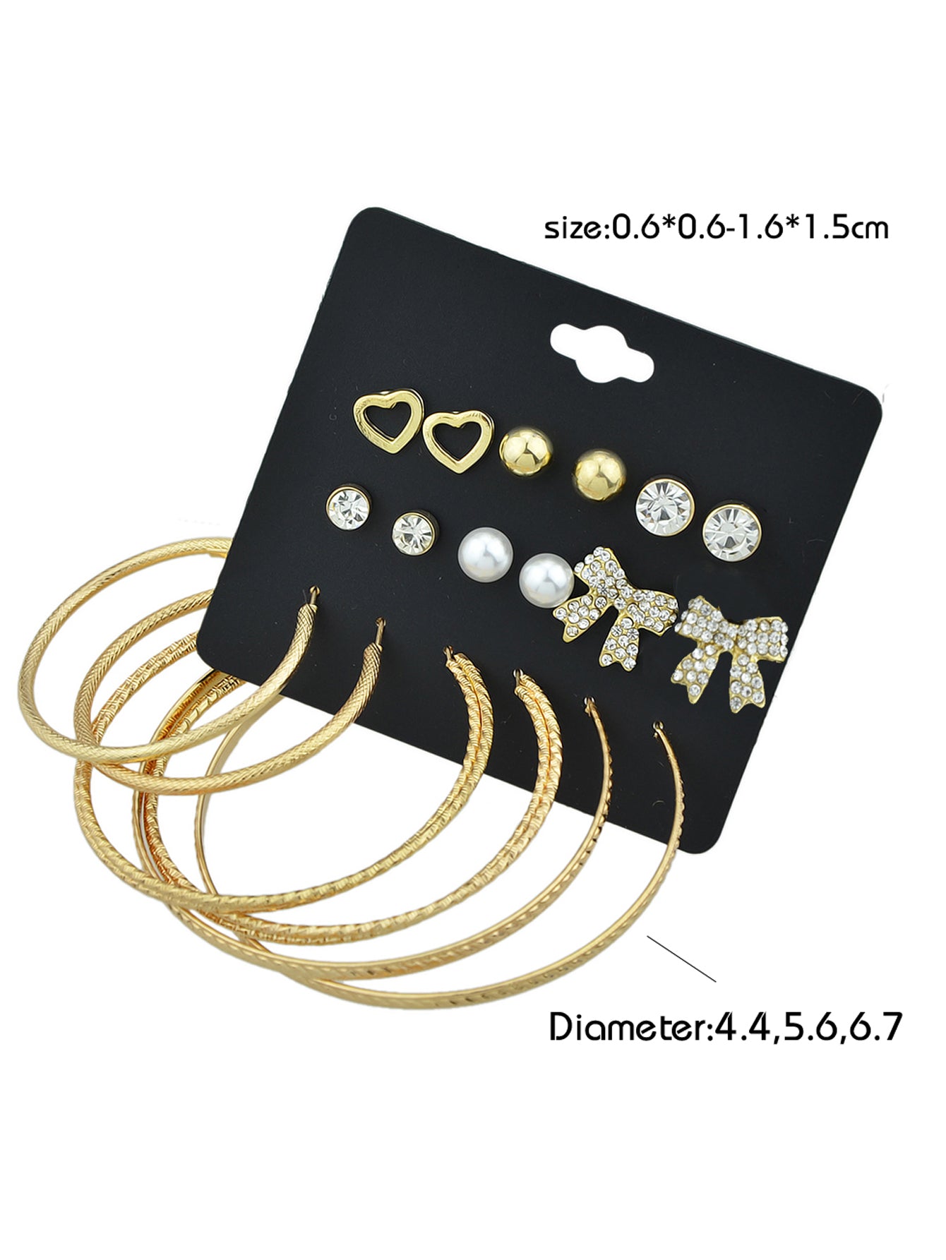 9 pairs Earrings set Rhinstone Ball Pearl Heart Bow Stud Gold Silver Hoop Jewelry
