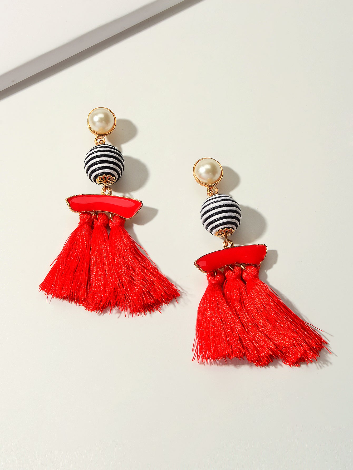 Bohemian Jewellery Ball Black Beige Tassel Dangle Traditional Ethnic Earrings