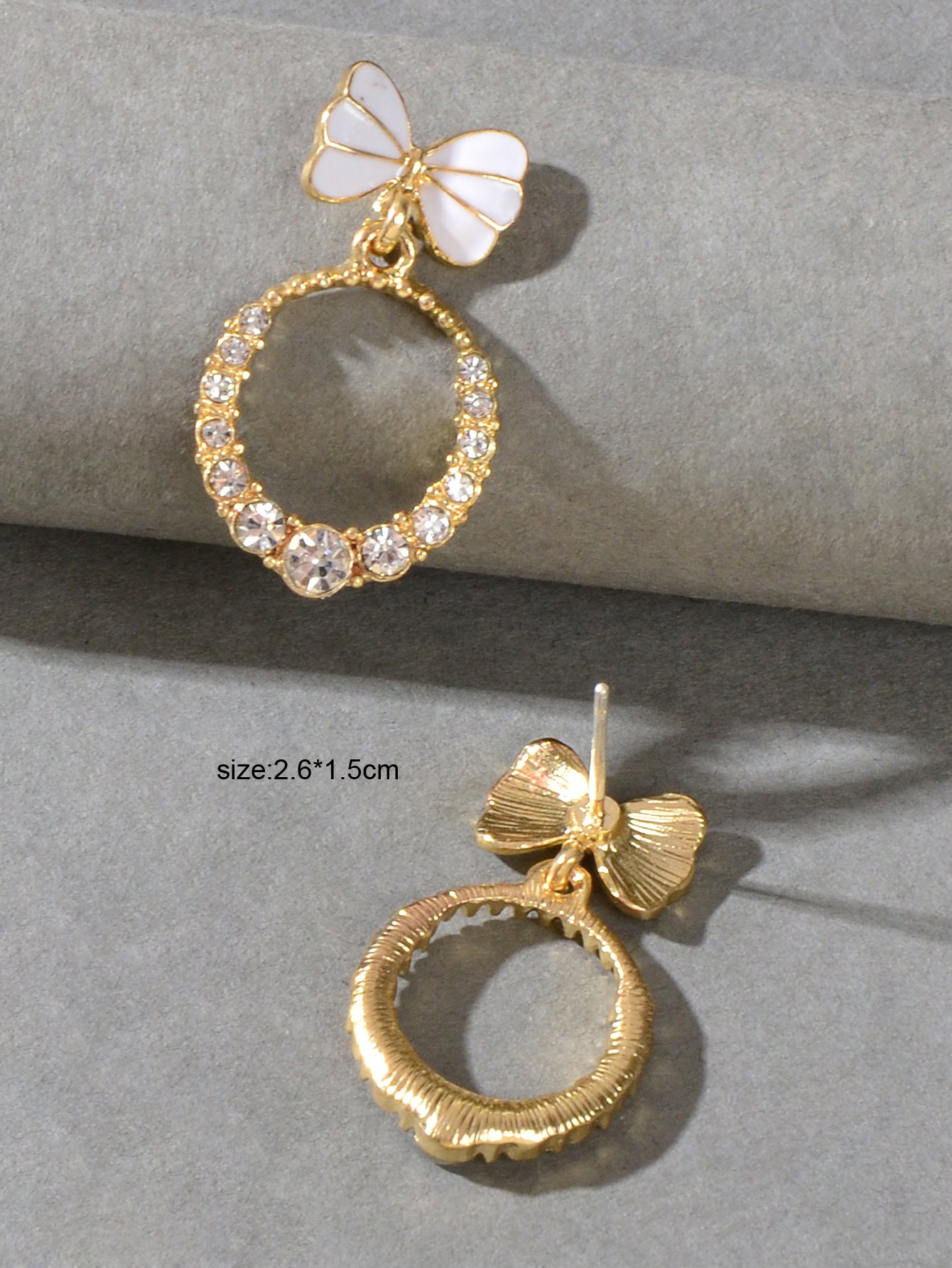 Women Teen Girls White Enamel Bow Rhinestone Circle Stud Lightweight Earrings