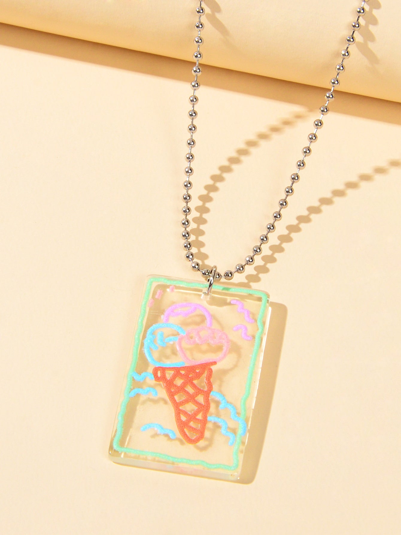 Long Silver Chain Resin Ice Cream Square Charm Necklace Best Friends Funny Gift