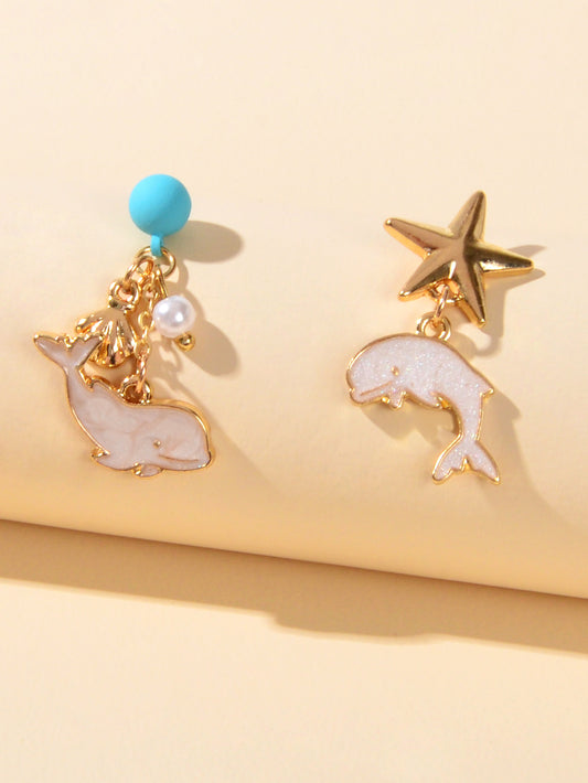 Nautical Jewelry Blue Beads Star Shell Dolphin Asymmetric Dangle Ocean Earrings