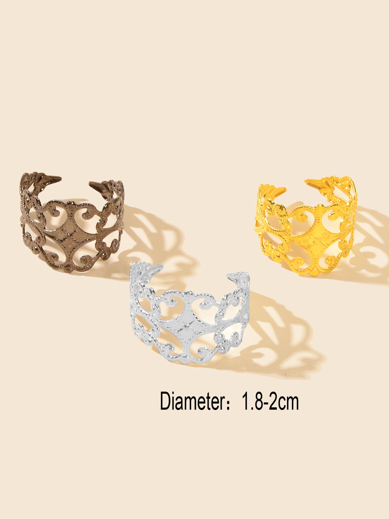Retro Court Style 3pcs Gold Silver Geometric Flower Open Cuff Stackable Ring Set
