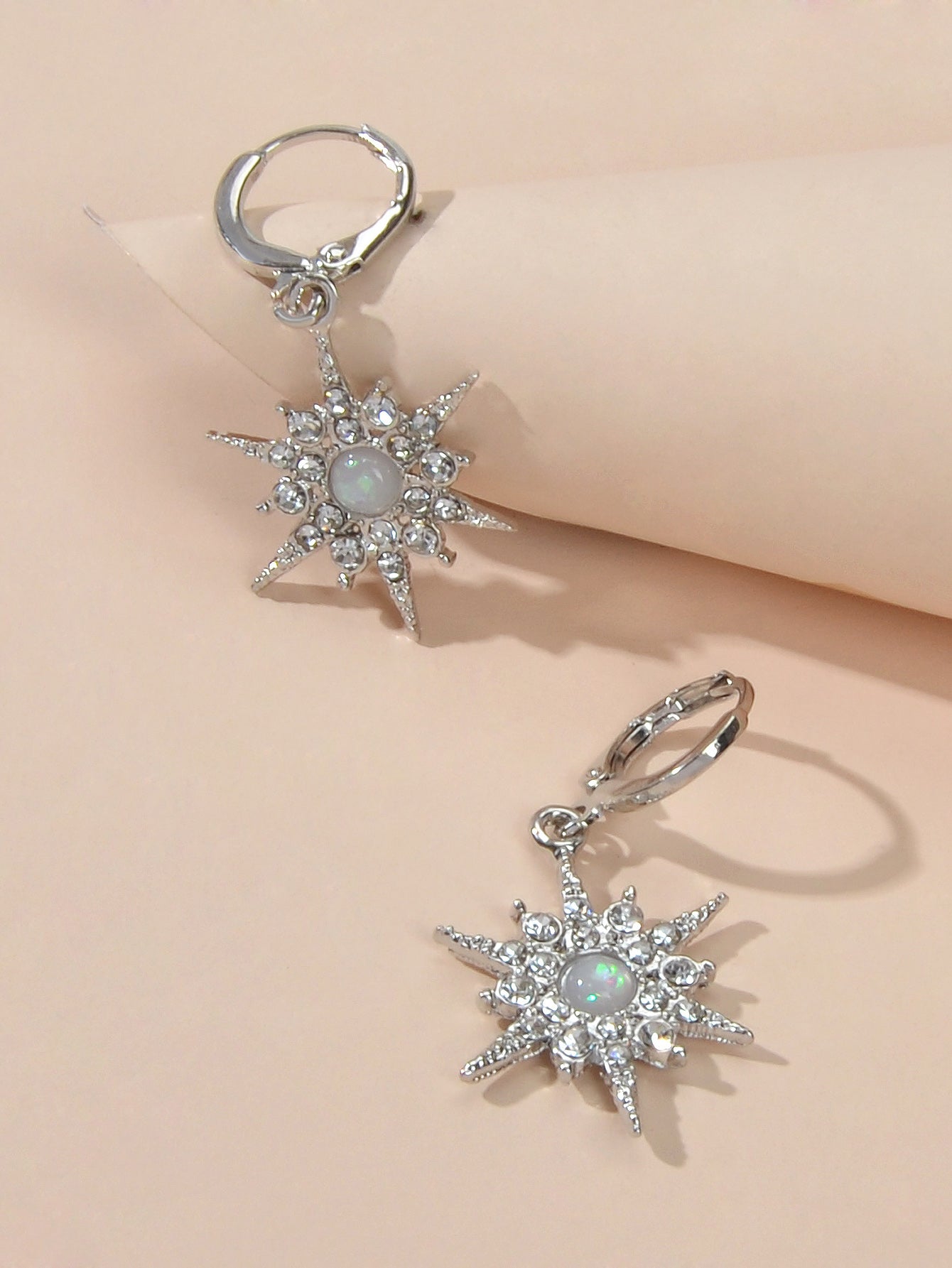Luxurious Full Rhinestone Spike Star Hoop Dangle Trendy Earrings Ladies Jewelry