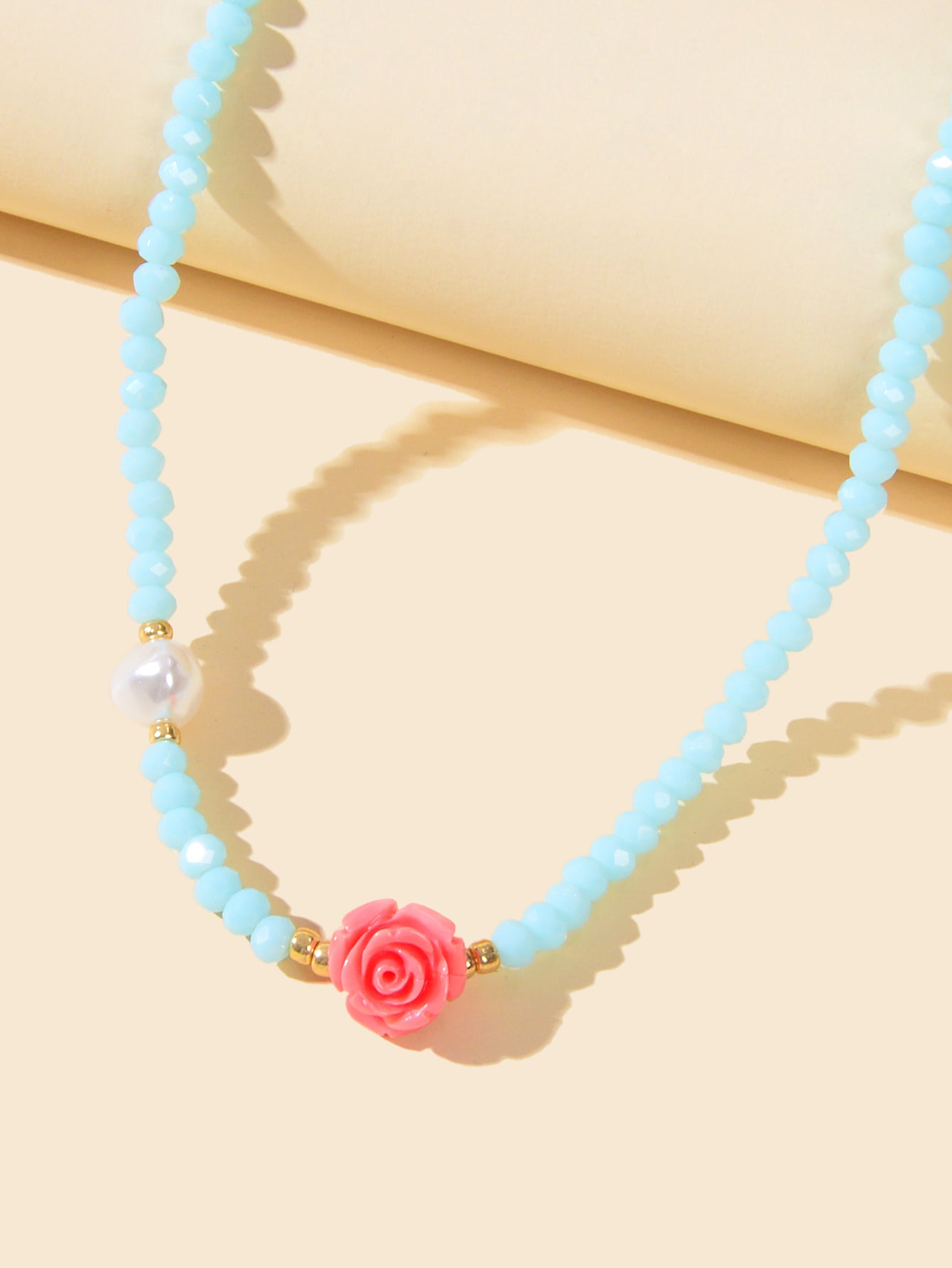 Pearl Red Resin Flower Decoration Blue Beads Short Collar Clavicle Necklace Gift