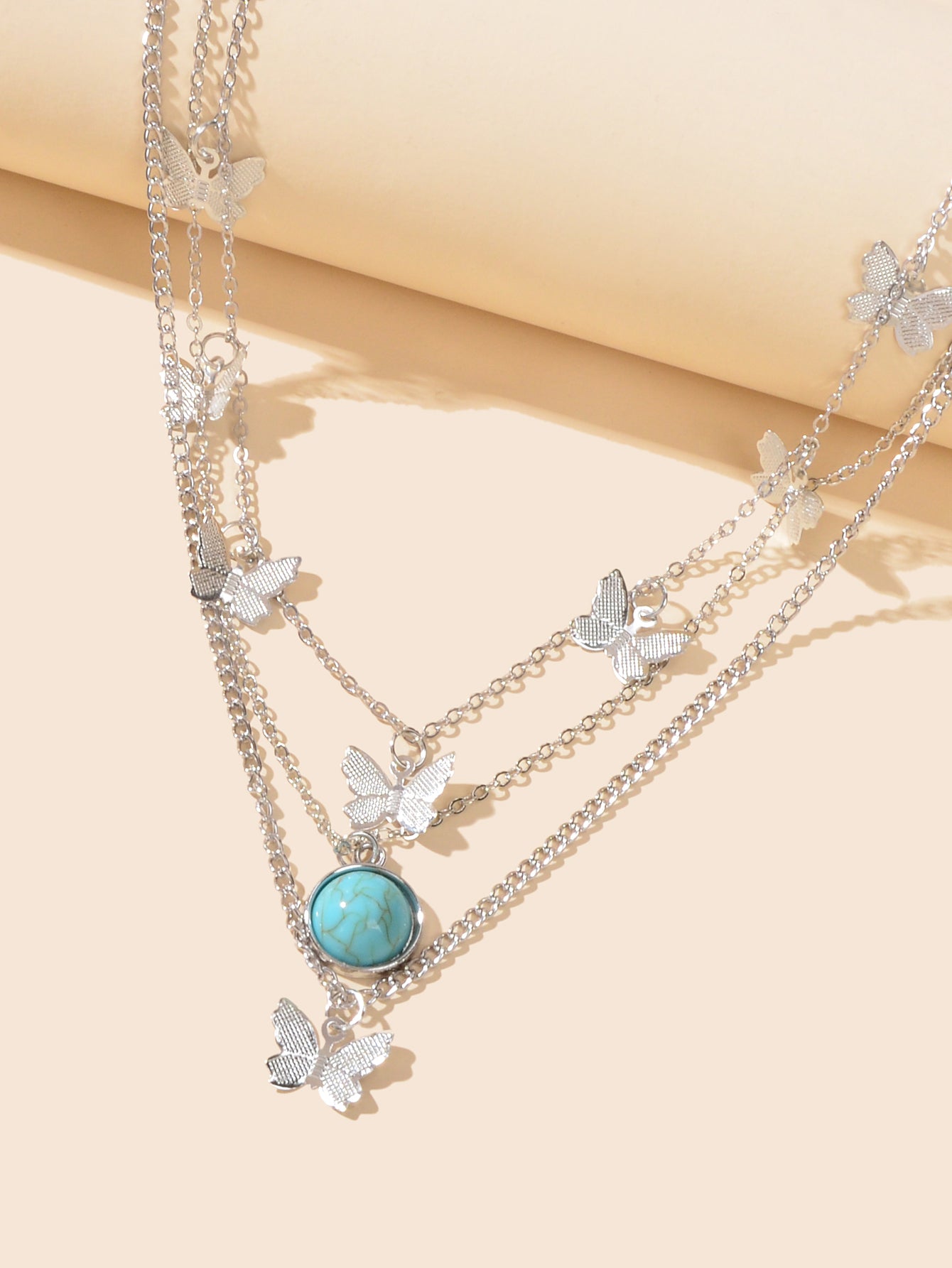 Ethnic Silver Multi-layer Chain Butterfly Turquoise Collar Bohemian Necklace