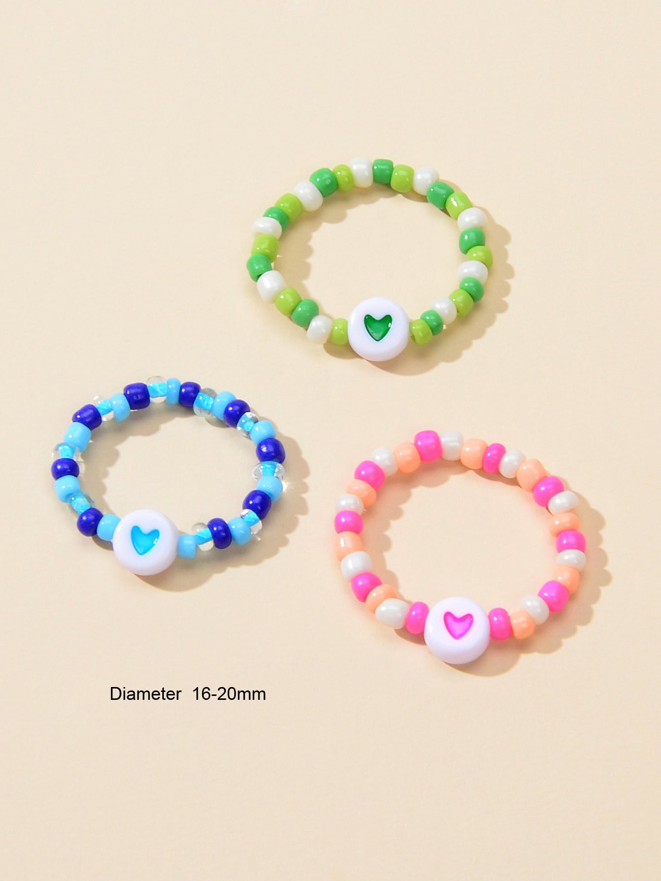 3pcs Colorful Bead Elastic Heart Pattern Multiple Stackable Midi Finger Ring Set