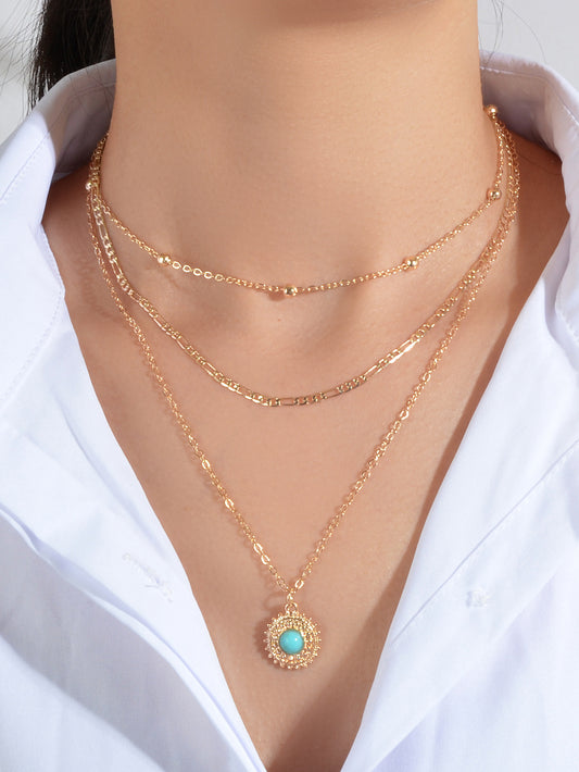 Multi-layer Chain Round Turquoise Pendant Necklace Blue Bead Party Jewellery
