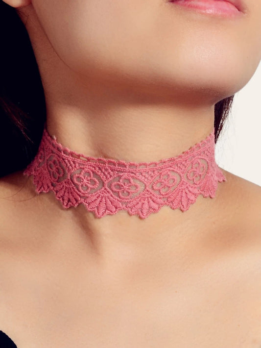 Solid Pink Lace Flower Geometric Pattern Gothic 90s Tattoo Choker Necklace Teens