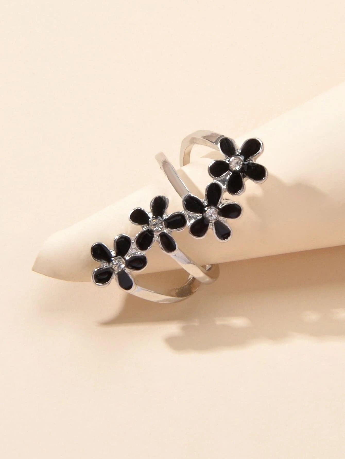 Elegant Jewelry Green Black Enamel Flower Finger Ring Wedding Band Comfort Ring