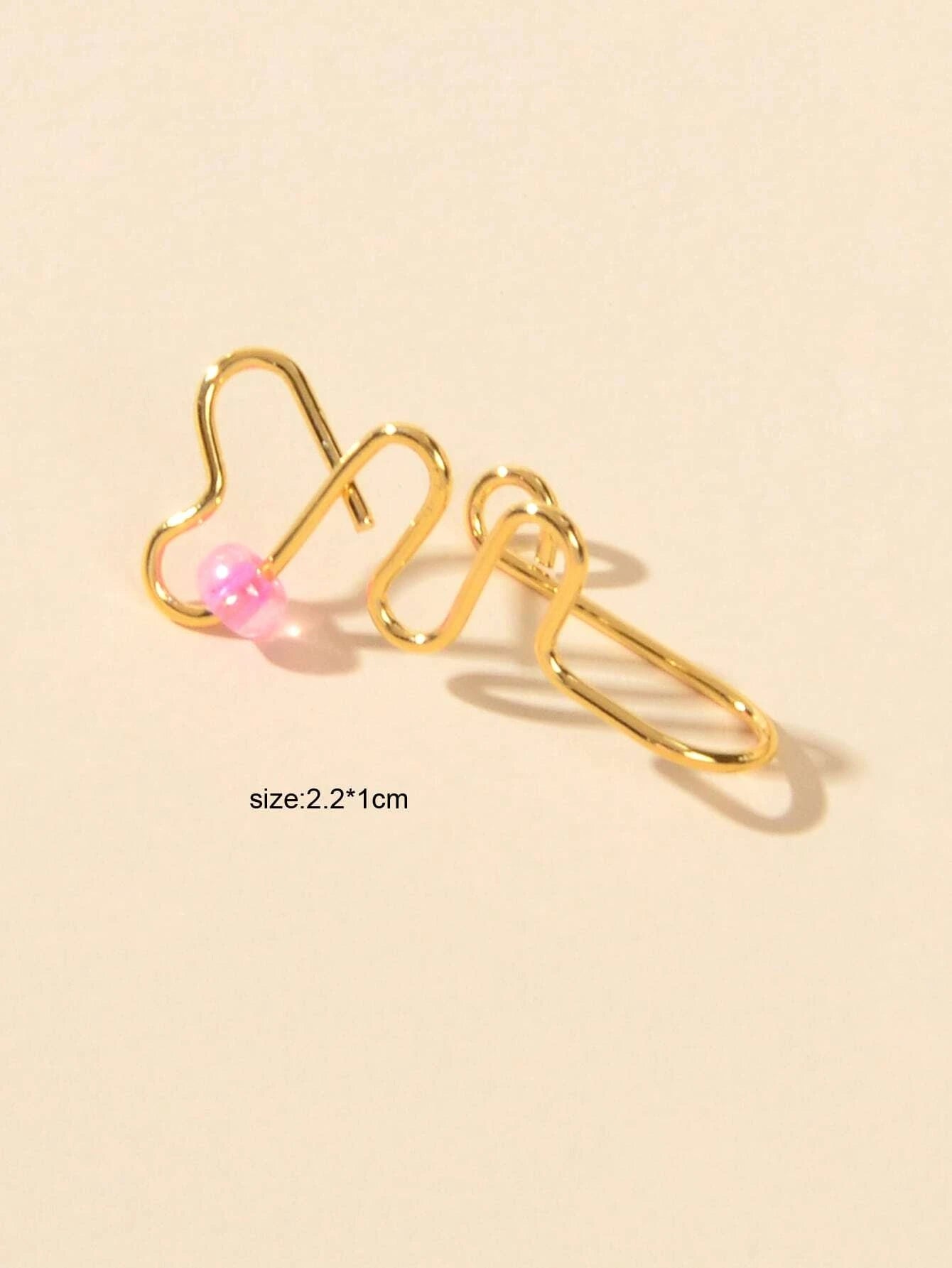 Lip Ear Fake Gold Heart Nose Rings Studs Bead Clip On Nose Hoop Piercing Jewelry