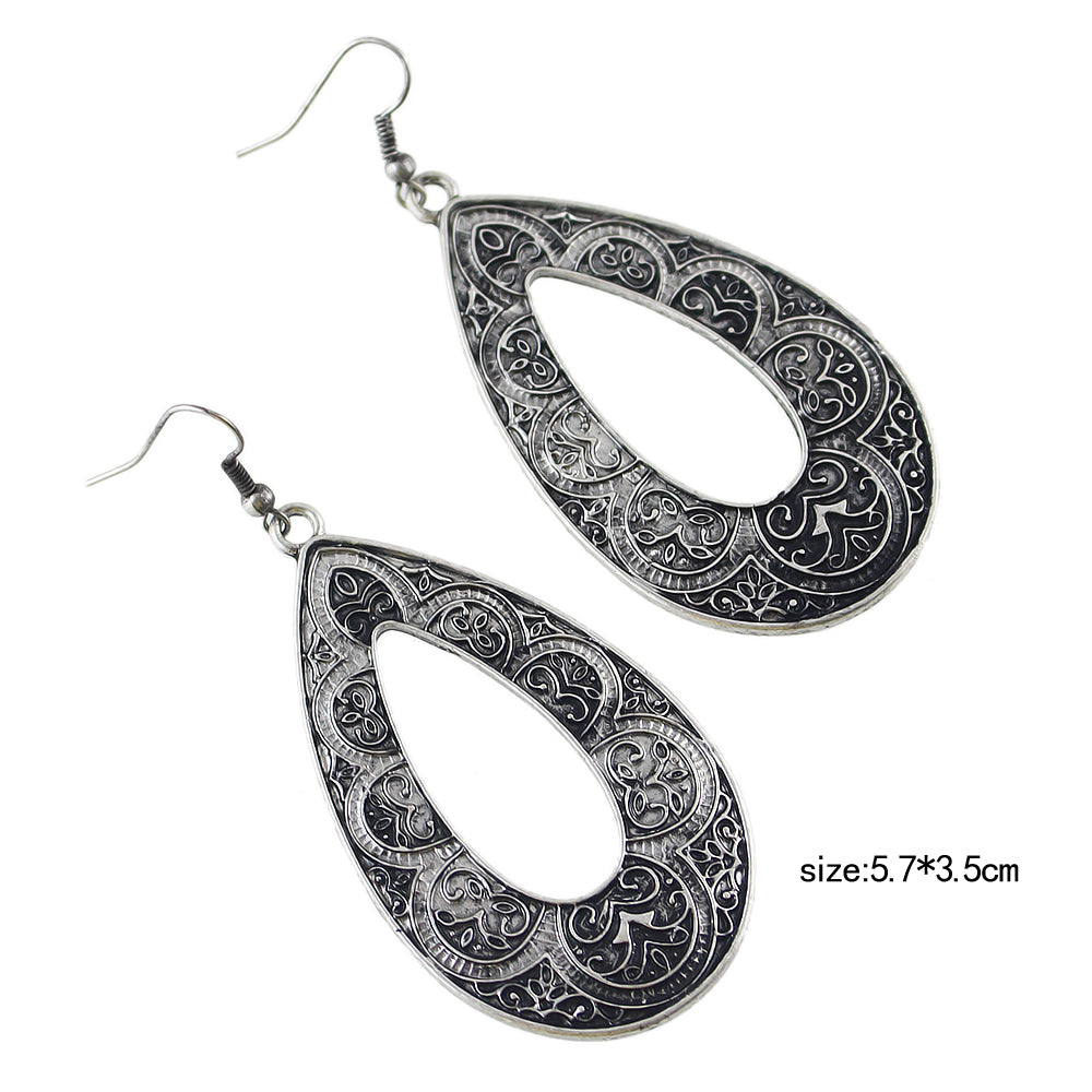 Tribal Ethnic Antique Gold Silver Carved Water Drop Big Earrings Boho Jewellery