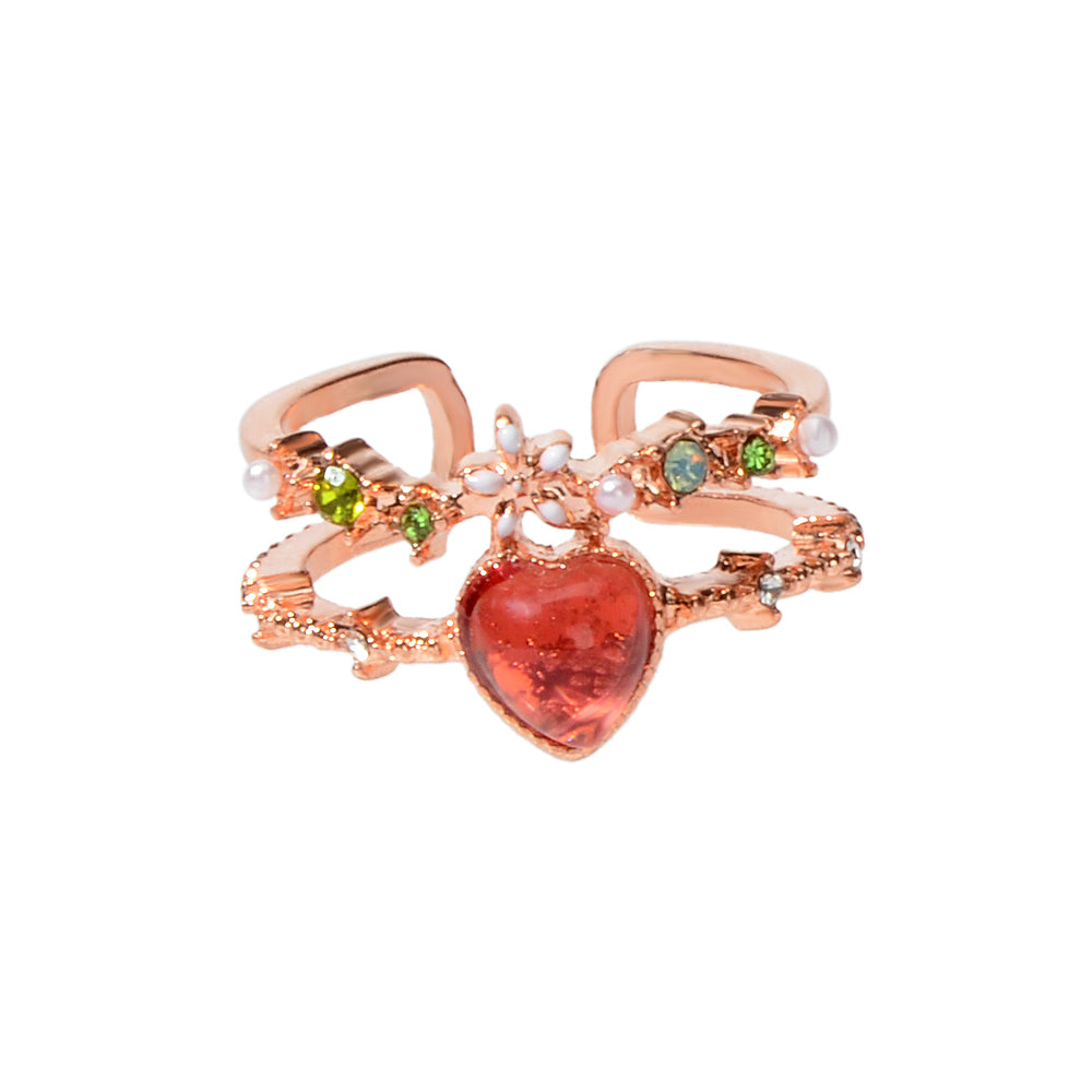 AU Post Luxury Faux Pearl Rhinestone Red Love Heart Rosegold Cuff Finger Ring