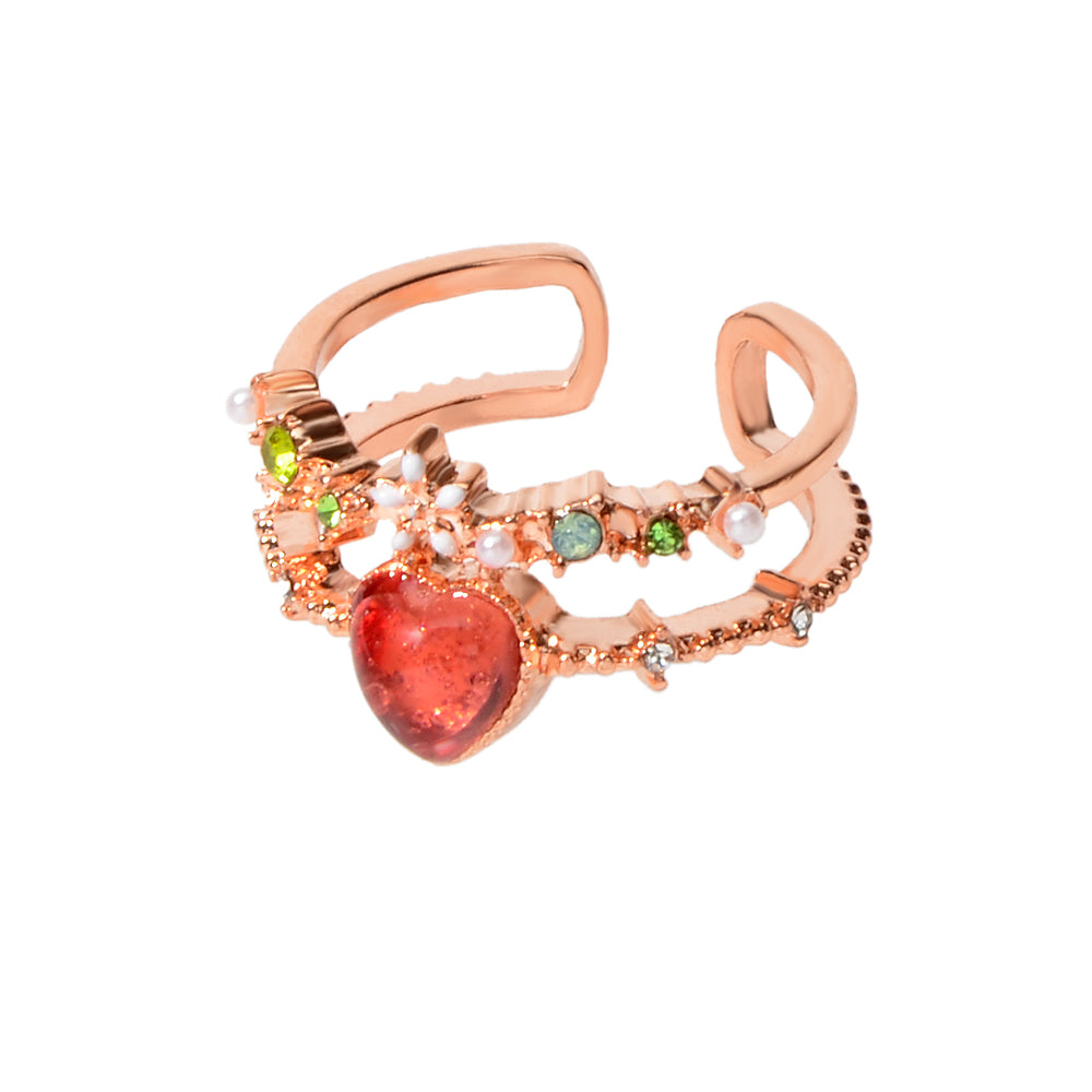 AU Post Luxury Faux Pearl Rhinestone Red Love Heart Rosegold Cuff Finger Ring