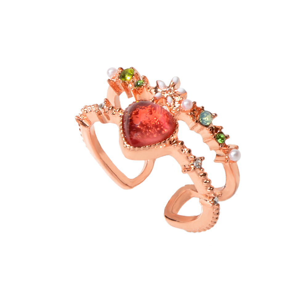 AU Post Luxury Faux Pearl Rhinestone Red Love Heart Rosegold Cuff Finger Ring