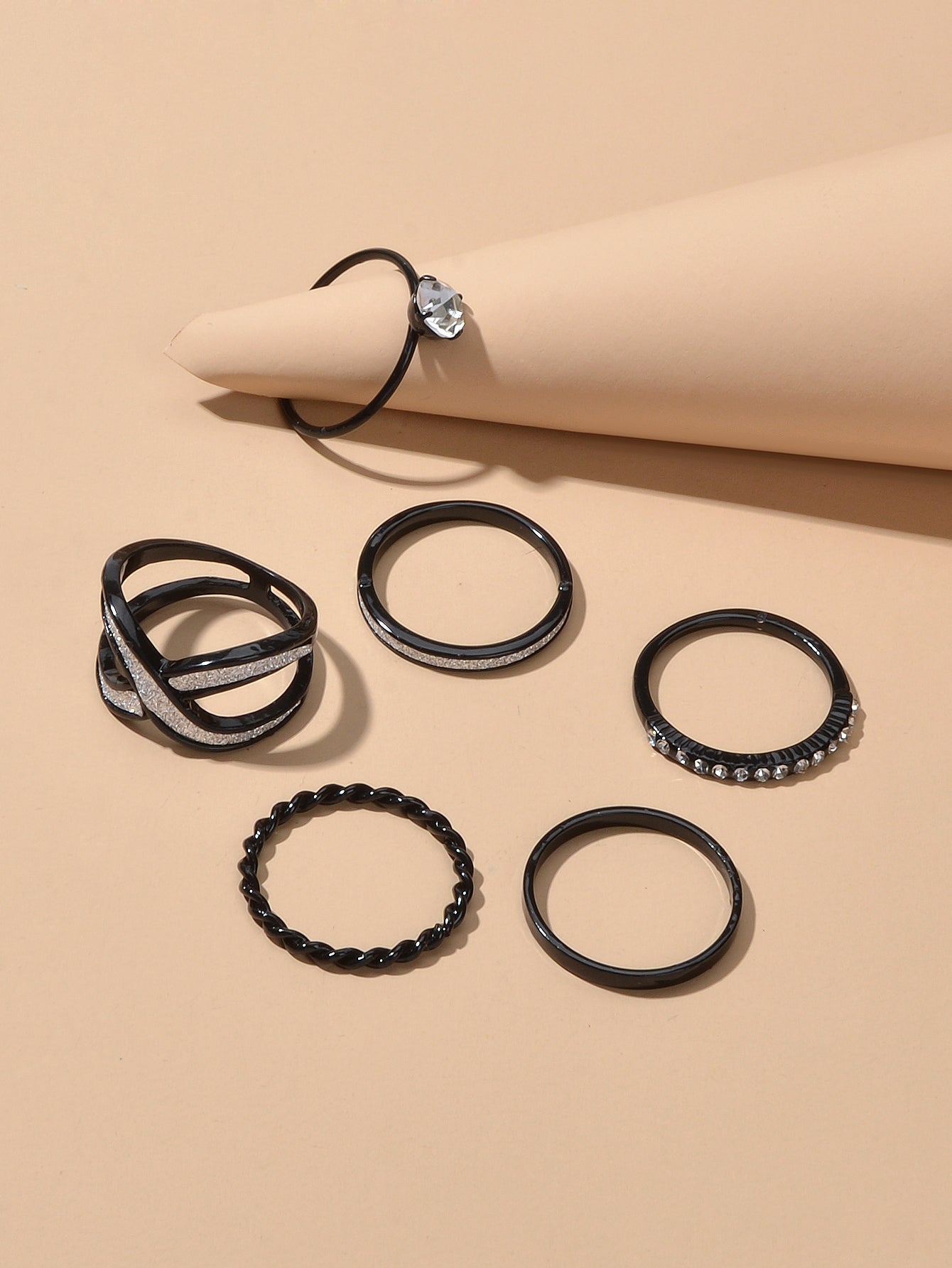 6pcs Stackable Rhinestone Black Midi Finger Knuckle Rings set Wedding Party Wear