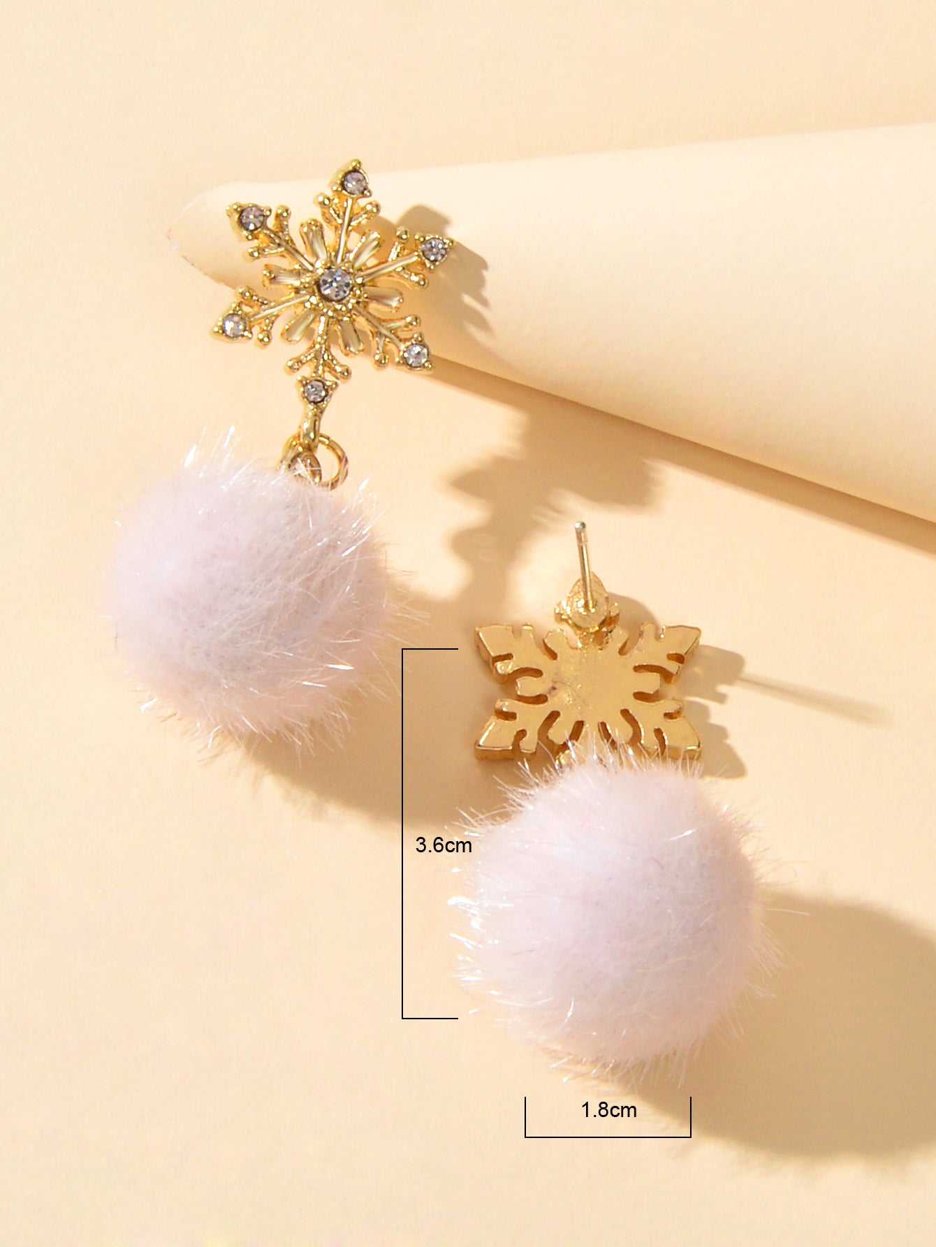 Gold Snowflake Pom Pom Dangle Earrings Round Faux Fur Ball Christmas Earrings