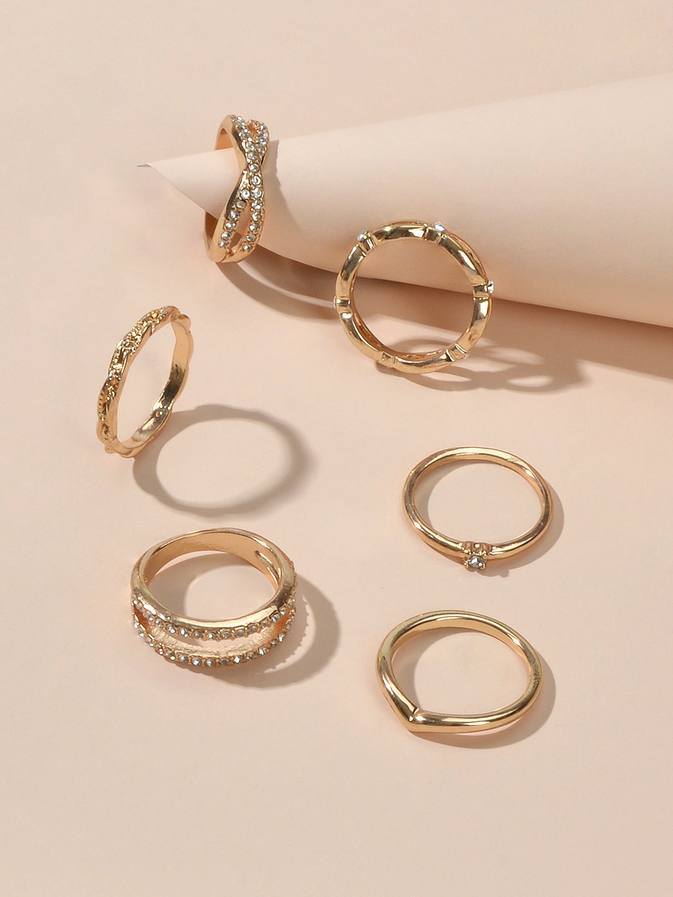 6pcs Band Women Gold Metal with Rhinestone Multiple Midi Finger Knuckle Ring set
