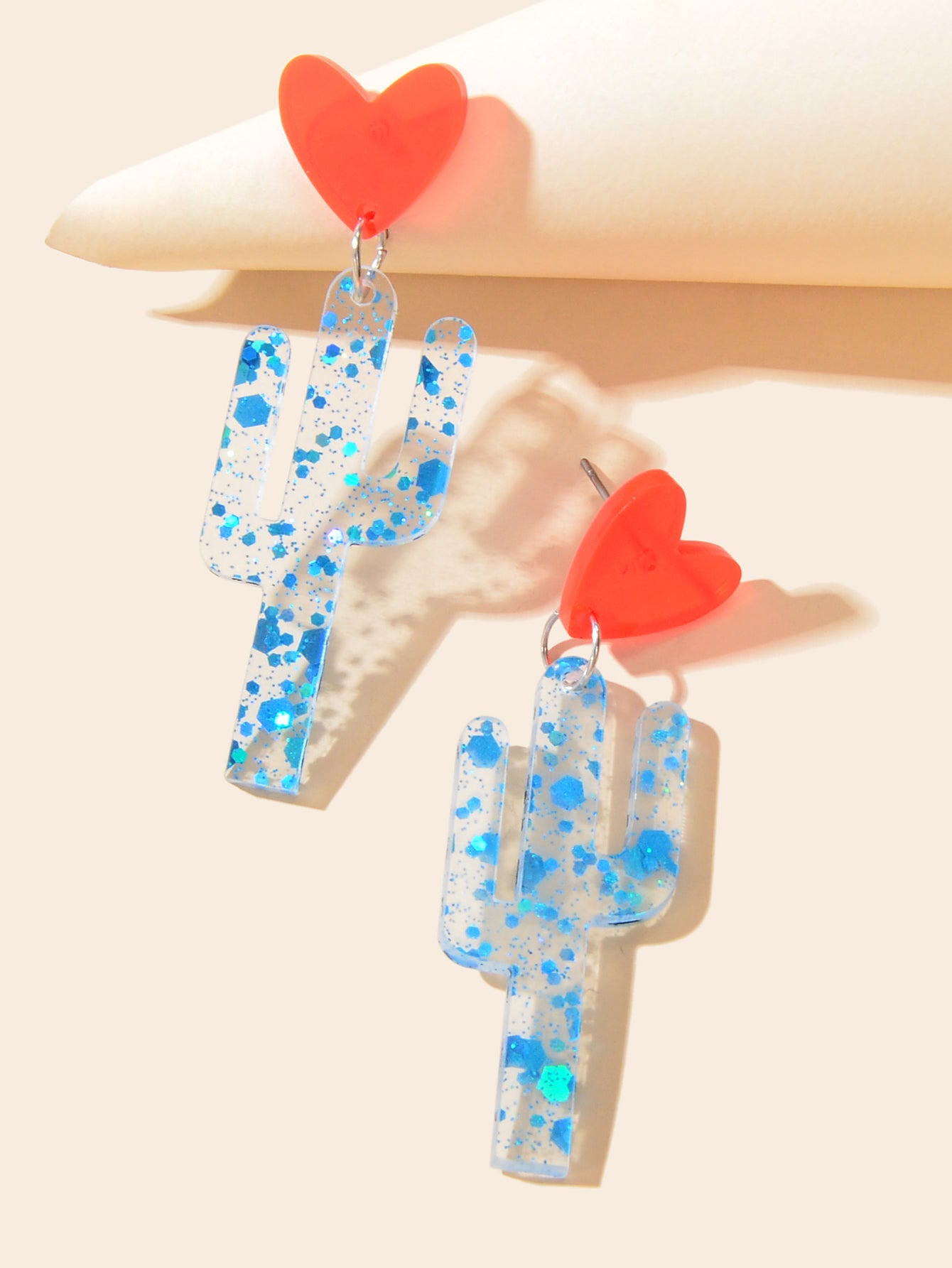 Boho Lightweight Red Heart Blue Cactus Unique Acrylic Transparent Plant Earrings