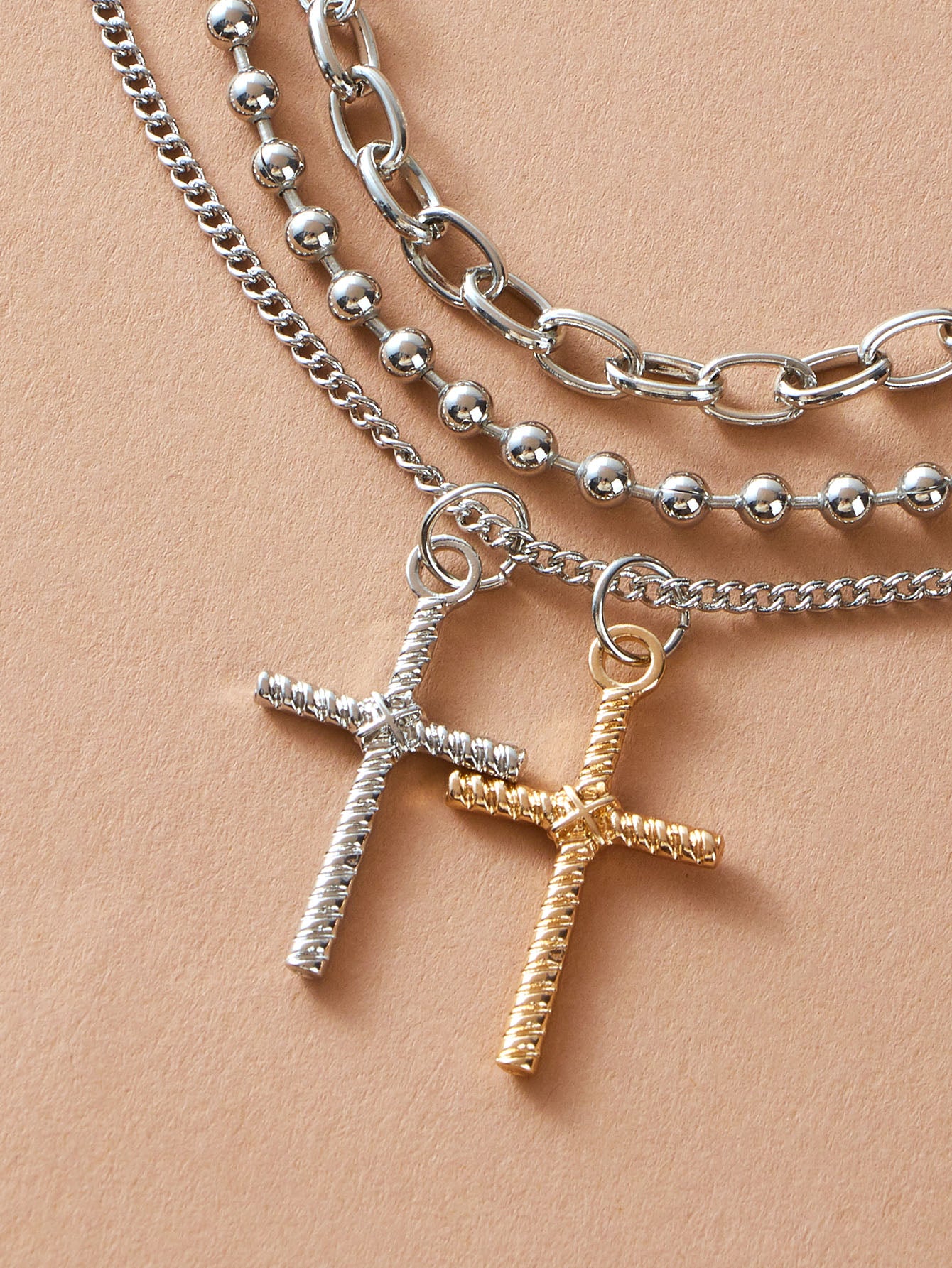3pcs Punk Jewelry Silver Popcorn Chain Cross Charm Statement Necklace for Women