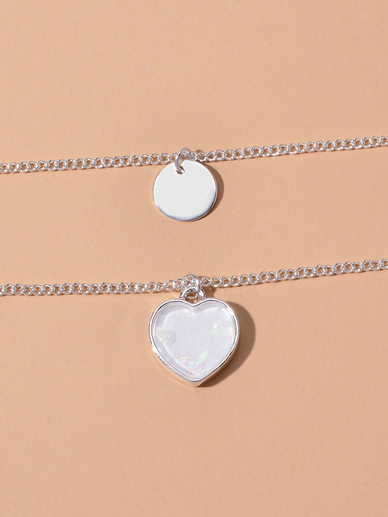 2 pcs Multiple Gold Silver Chain Round Heart Charm Women Necklace Female Jewelry