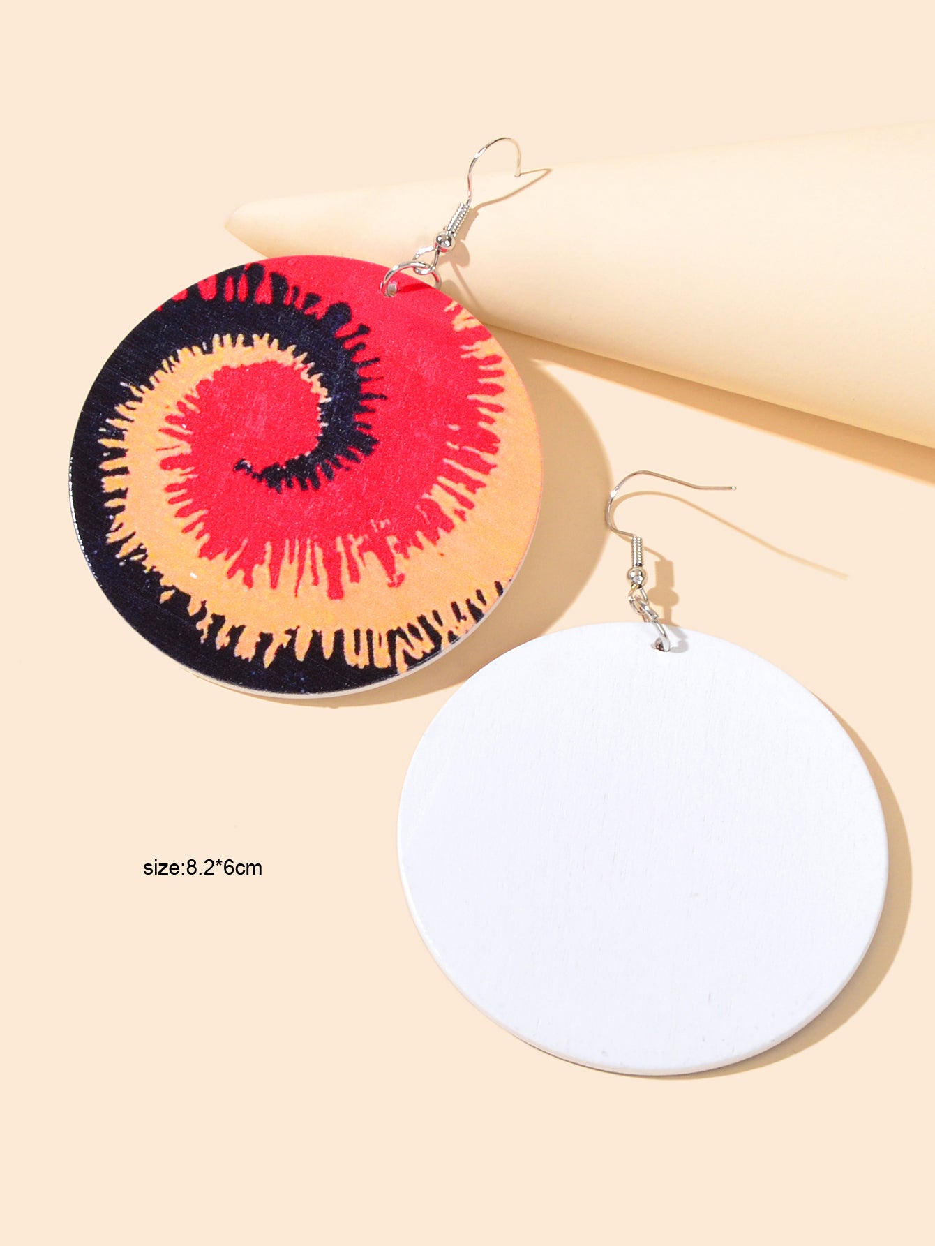 Bohemian Colourful Geometric Pattern Round Wood Dangling Elements Hook Earrings