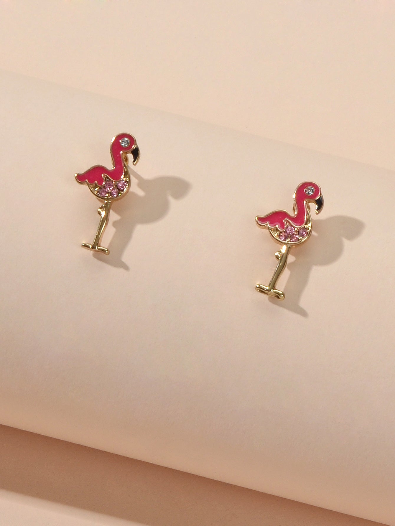 Pink Rhinestone Enamel Flamingo Bird Stud Earrings Sensitive Ears Dainty Gift