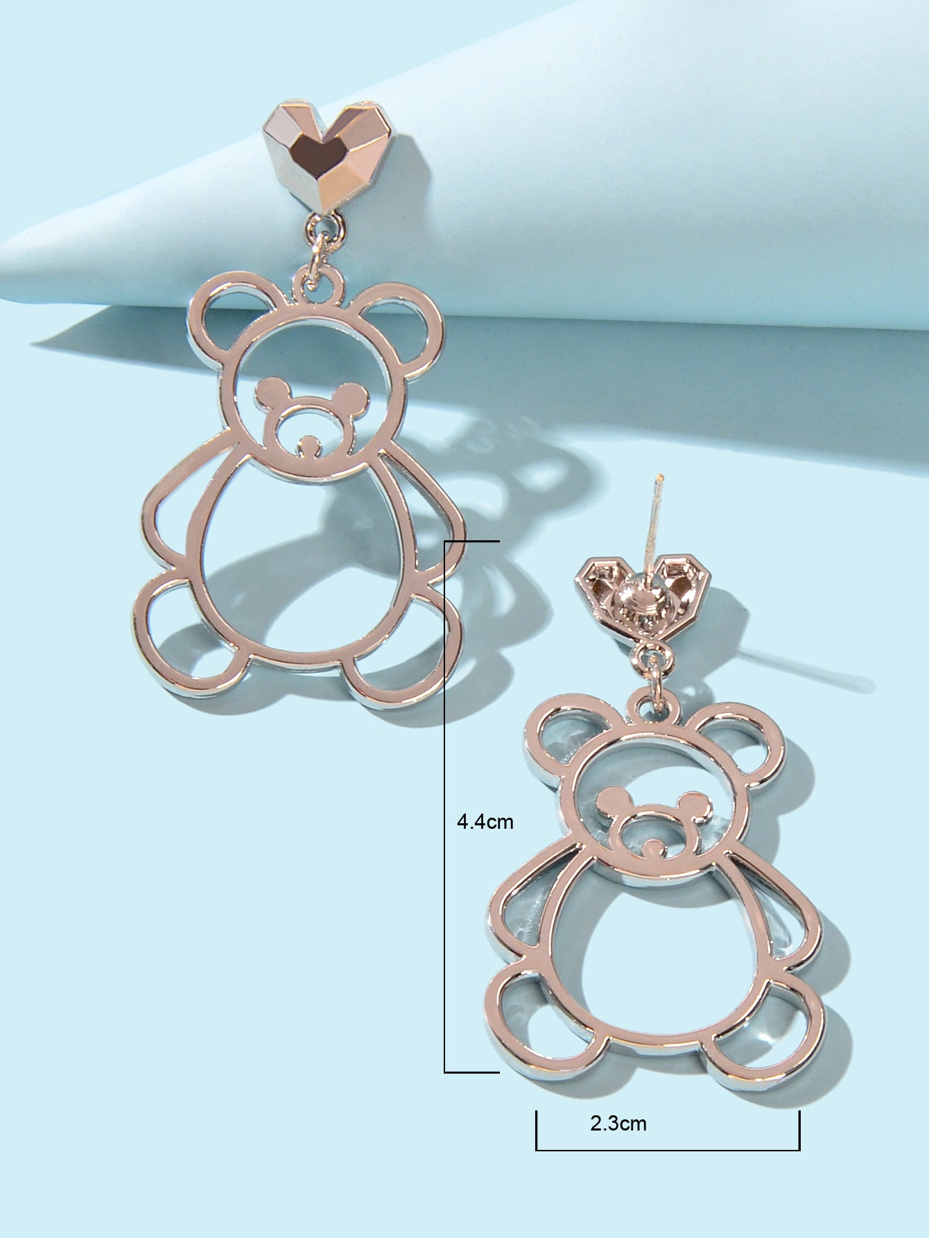 Lovely Silver Hollow Bear Dangle Design Pierced Dainty Heart Stud Earrings Gift