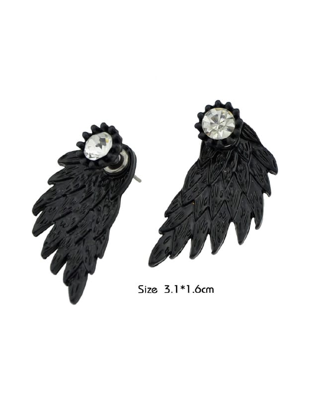 Punk Retro Black Antique Silver Color Rhinestone Wing Stud Earrings Ear Jacket
