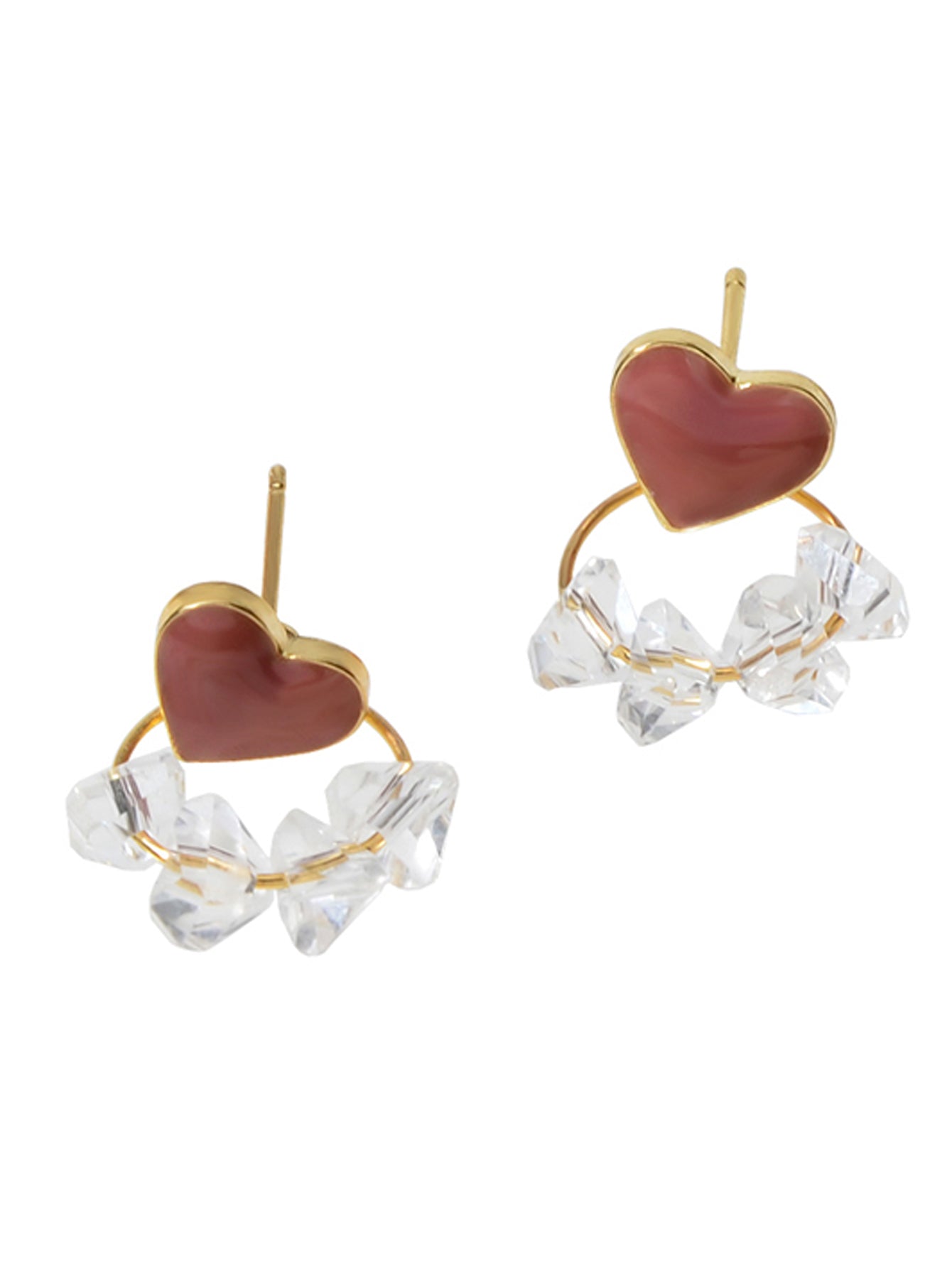 Trendy Ladies Jewellery Transparent Beads Gold Circle Red Heart Stud Earrings