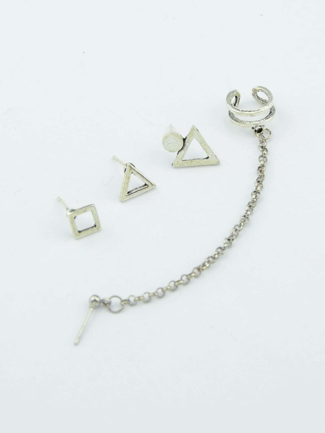 4pcs Cartilage Jewelry Antique Silver Chain Triangle Stud Earrings Boho Ear Cuff