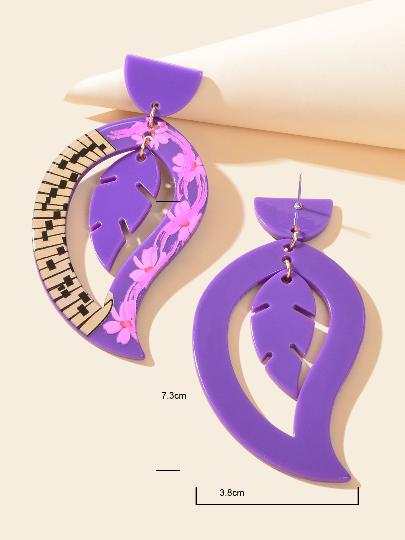 Purple Acrylic Feather Shape Earrings Statement Jewelry Party Costume Accessory