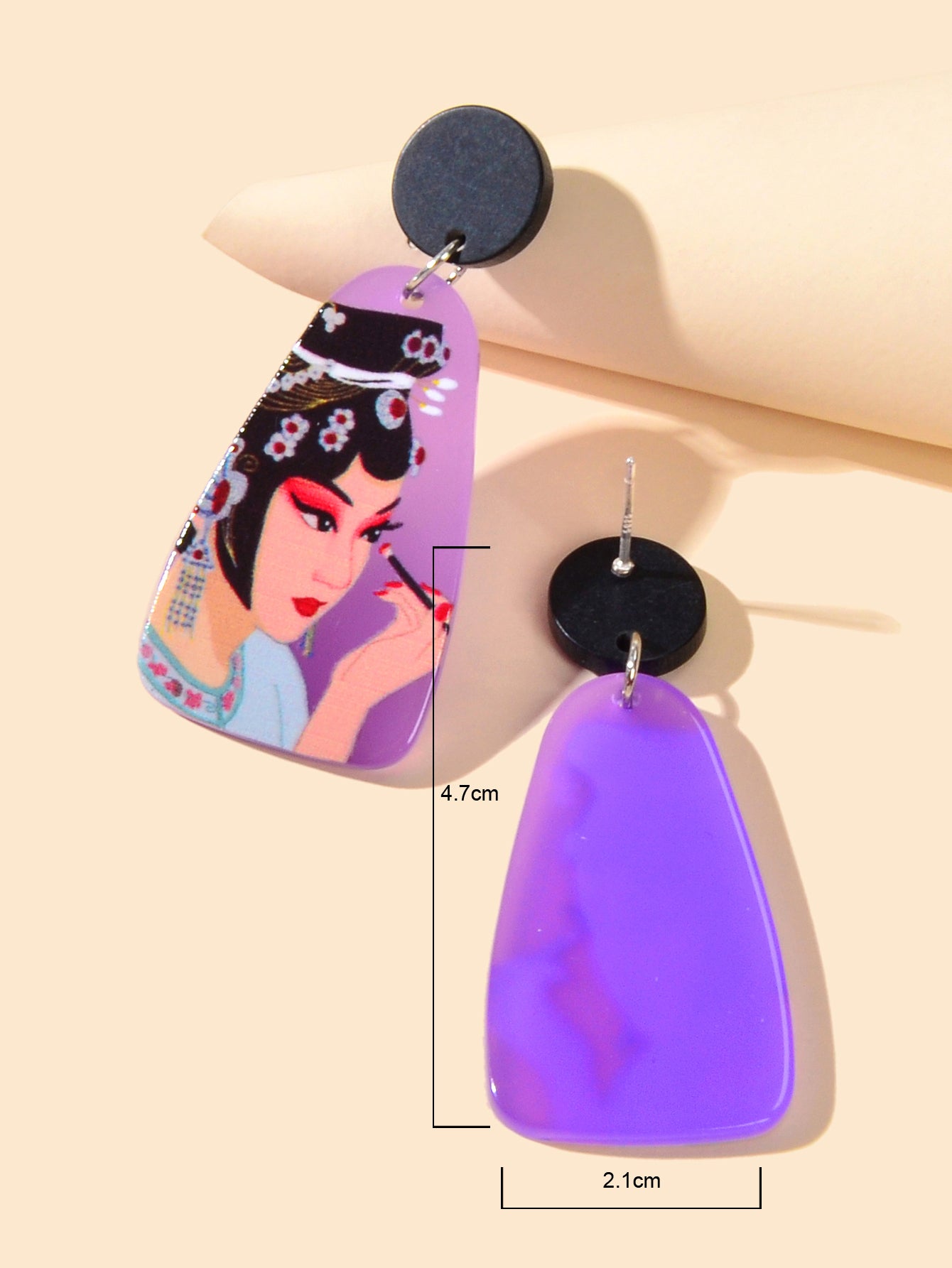Chinese Style Jewellery Purple Peking Opera Figure Pattern Resin Dangle Earrings