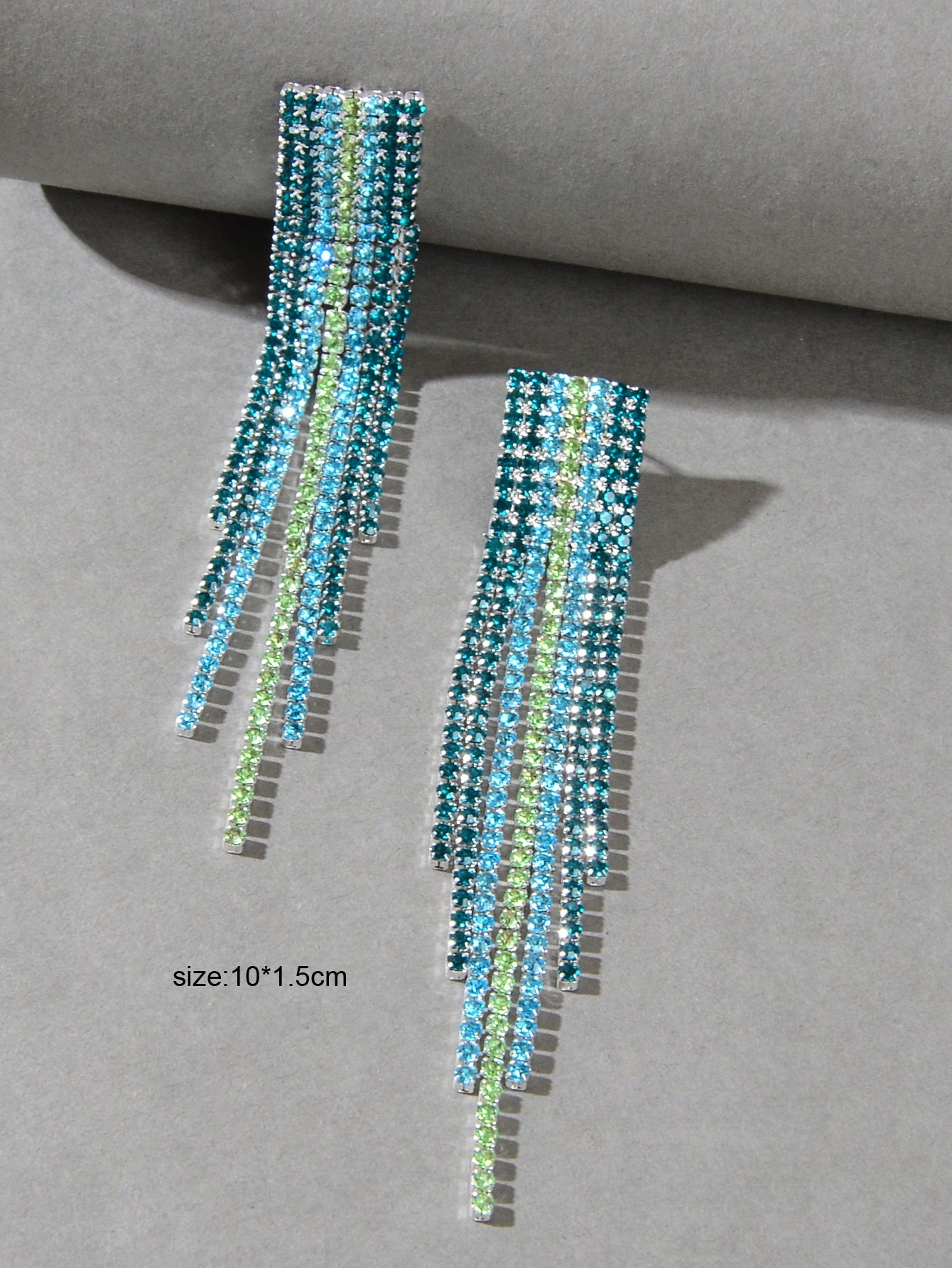 Sparkling Tassel Full Blue Rhinestone Fringe Chain Pierced Chandelier Earrings