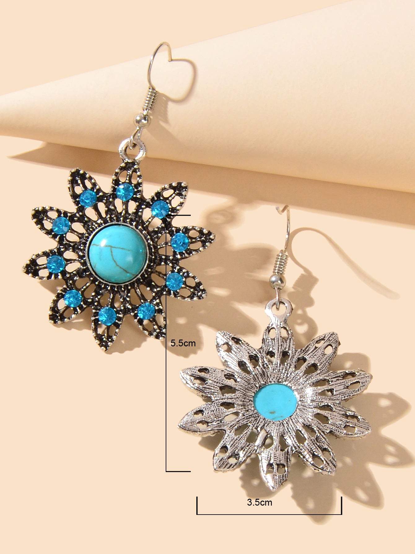 Vintage Jewelry Antique Silver Hollow out Blue Turquoise Flower Dangle Earrings