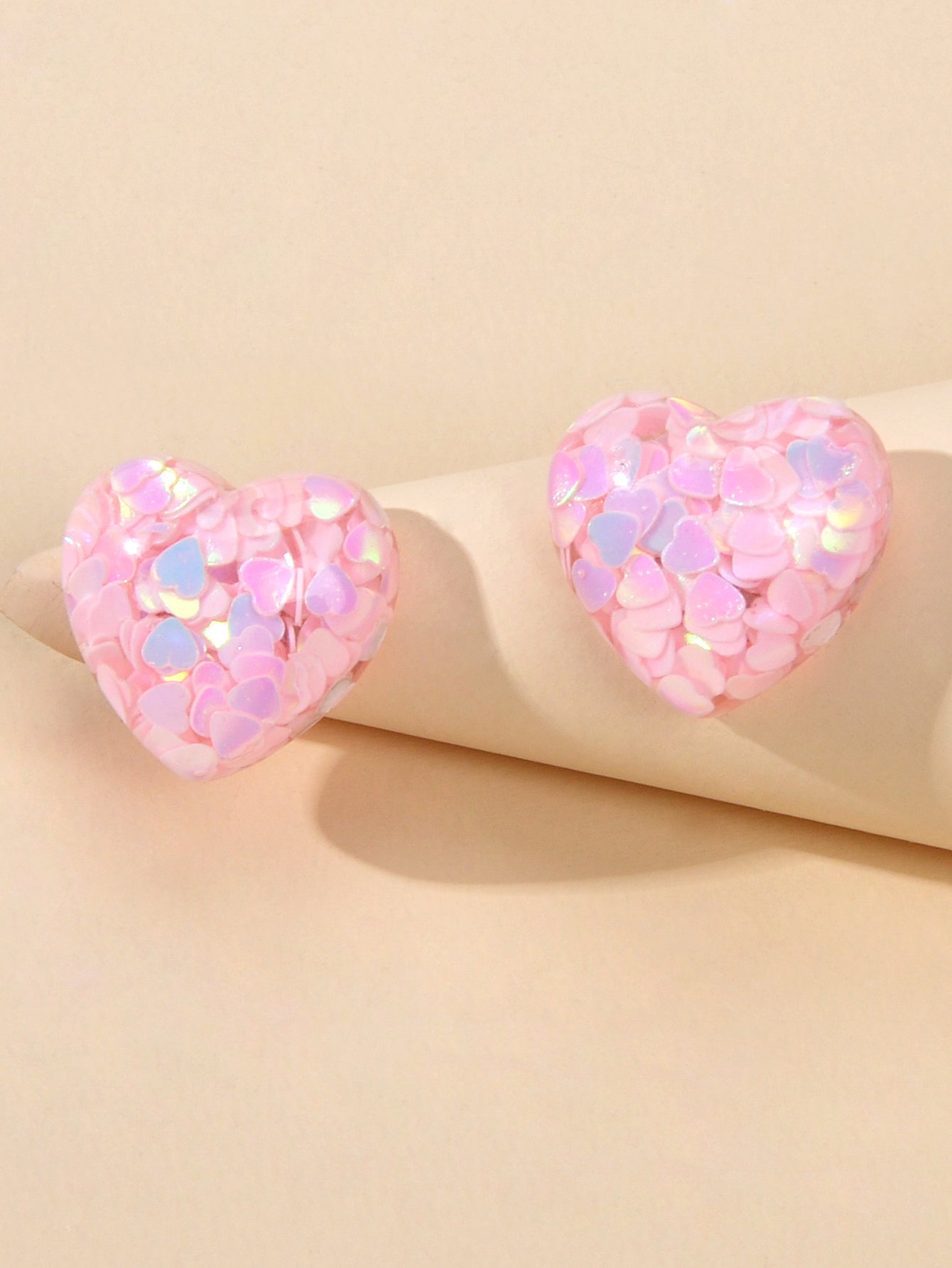 Love Heart Handmade Sparkle Glitter Stud Sequins Pierced Earrings Resin Jewelry