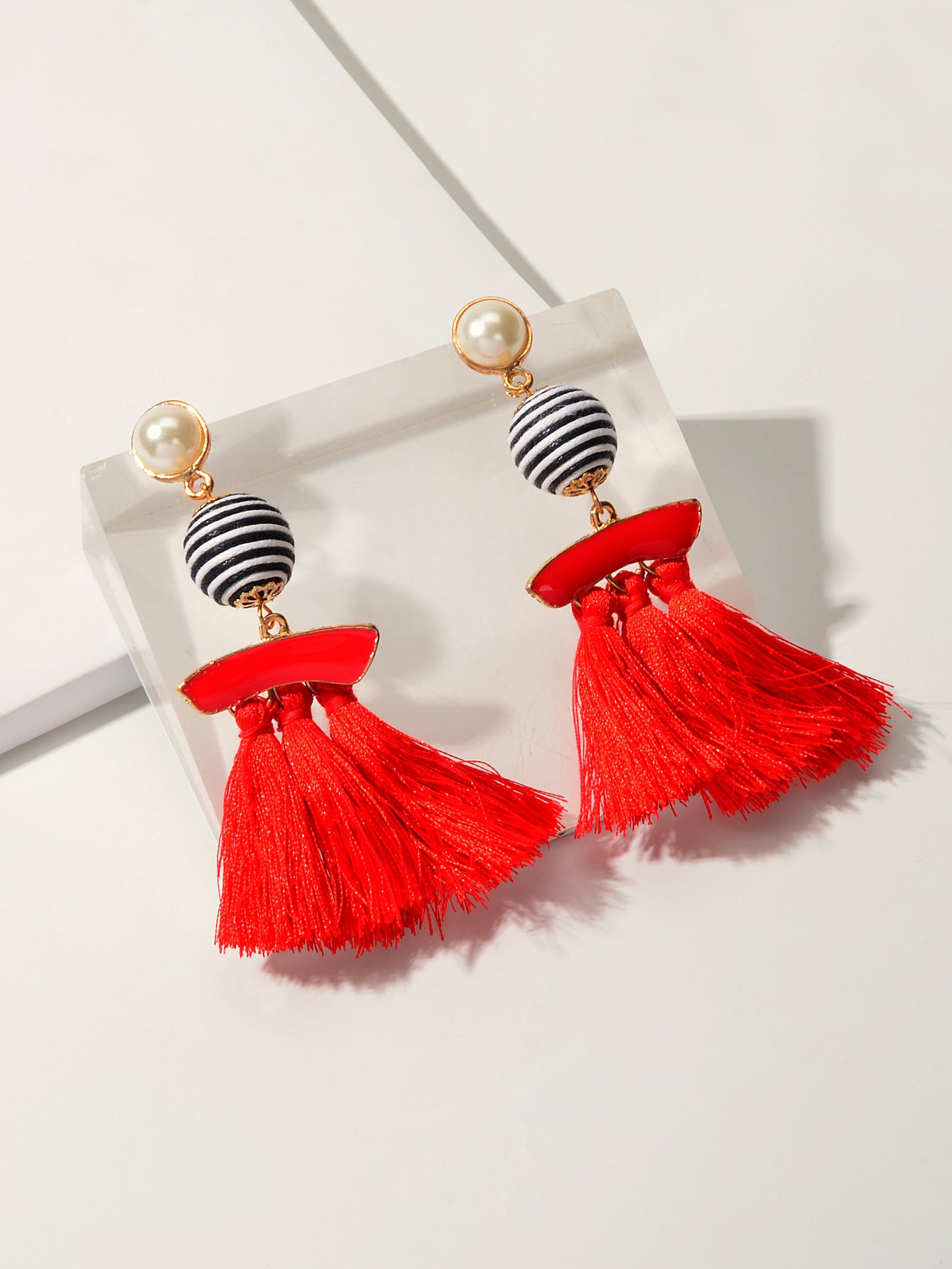 Bohemian Jewellery Ball Black Beige Tassel Dangle Traditional Ethnic Earrings