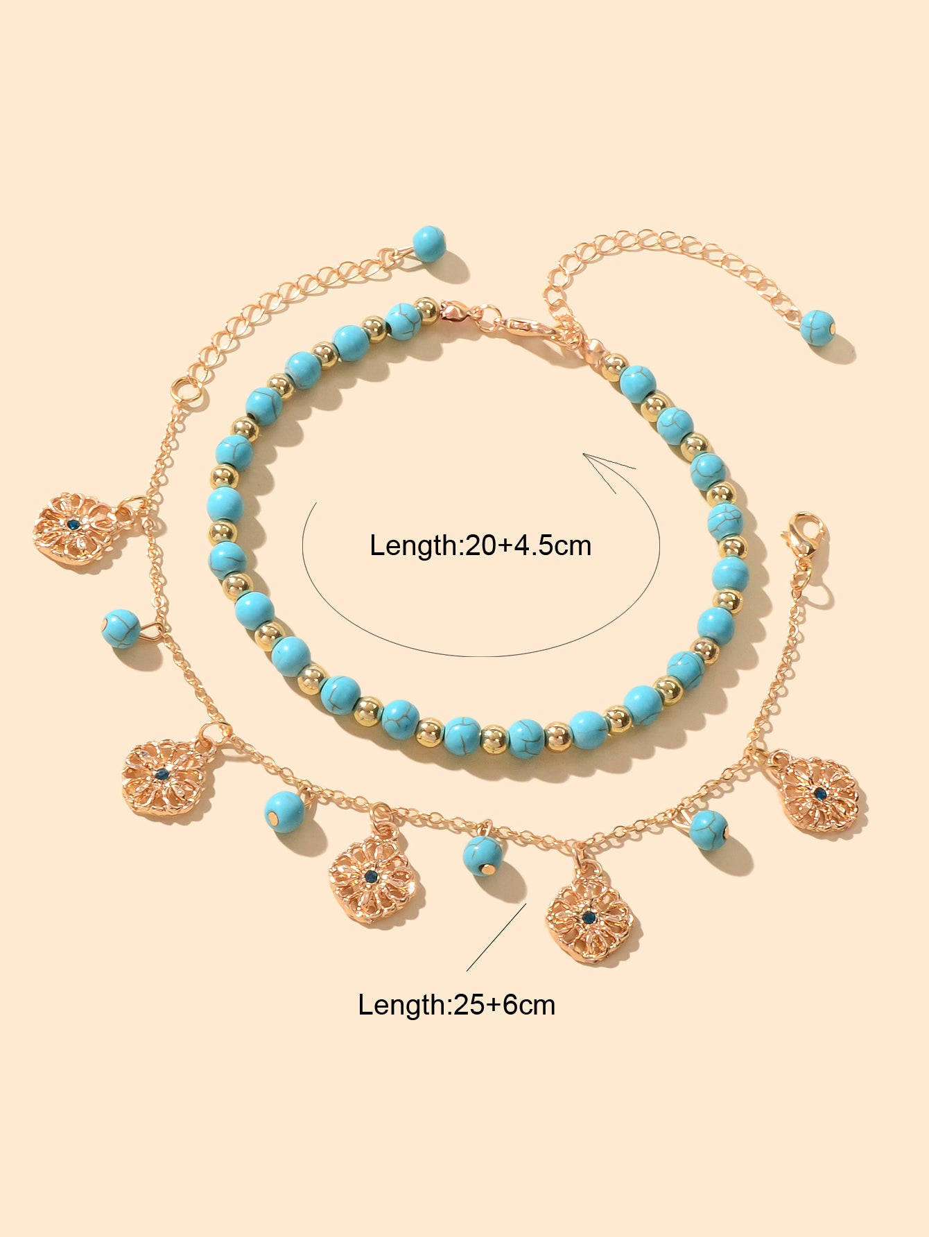 2pcs Handmade Turquoise Beads Anklets Boho Round Charm Bracelets Foot Anklet Set